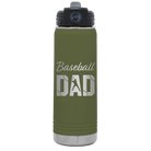 Laser etched olive green 20 oz vacuum insulated water bottle with 'Baseball Dad2' design