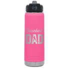 Laser etched pink 20 oz vacuum insulated water bottle with 'Baseball Dad2' design