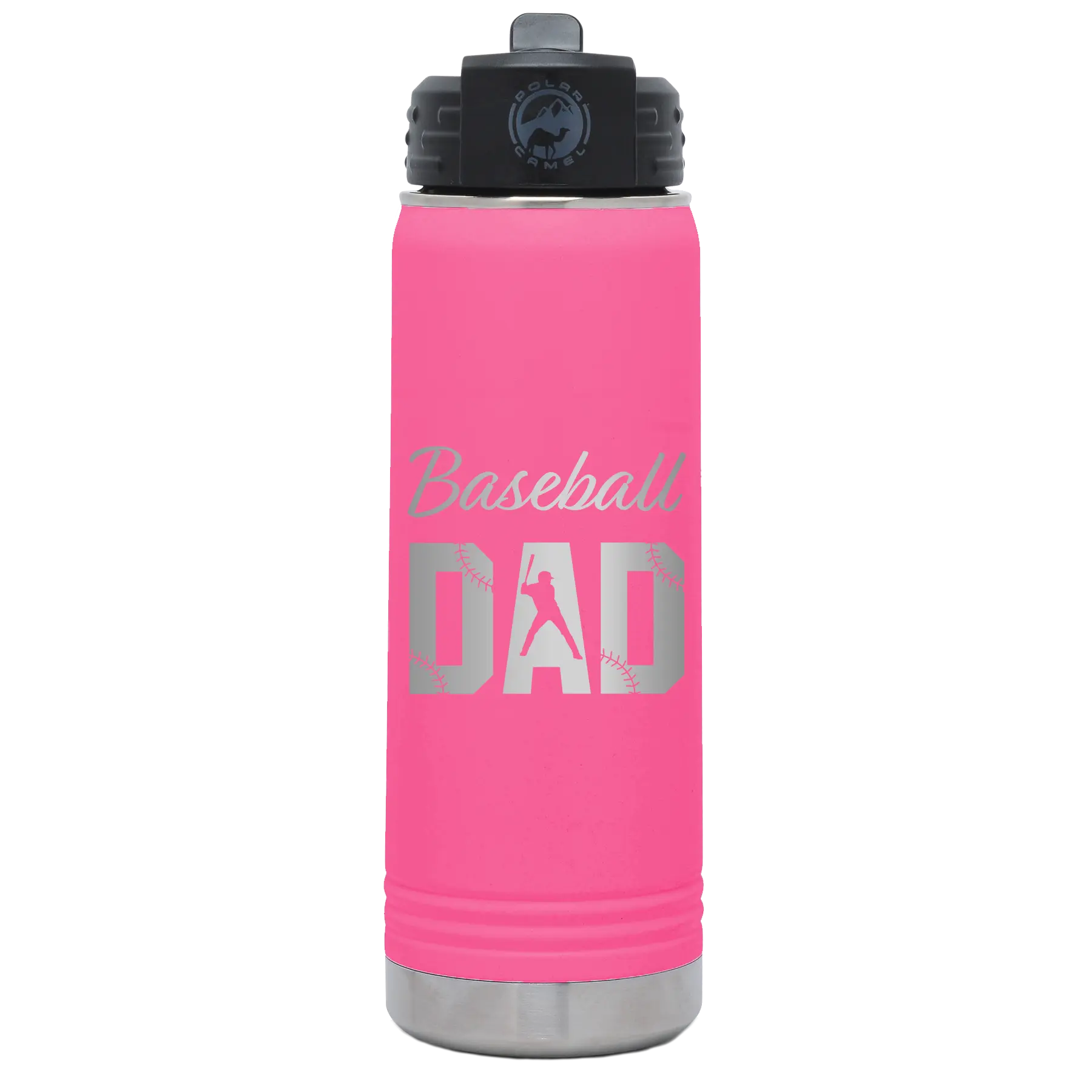 Laser etched pink 20 oz vacuum insulated water bottle with 'Baseball Dad2' design