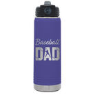 Laser etched purple 20 oz vacuum insulated water bottle with 'Baseball Dad2' design