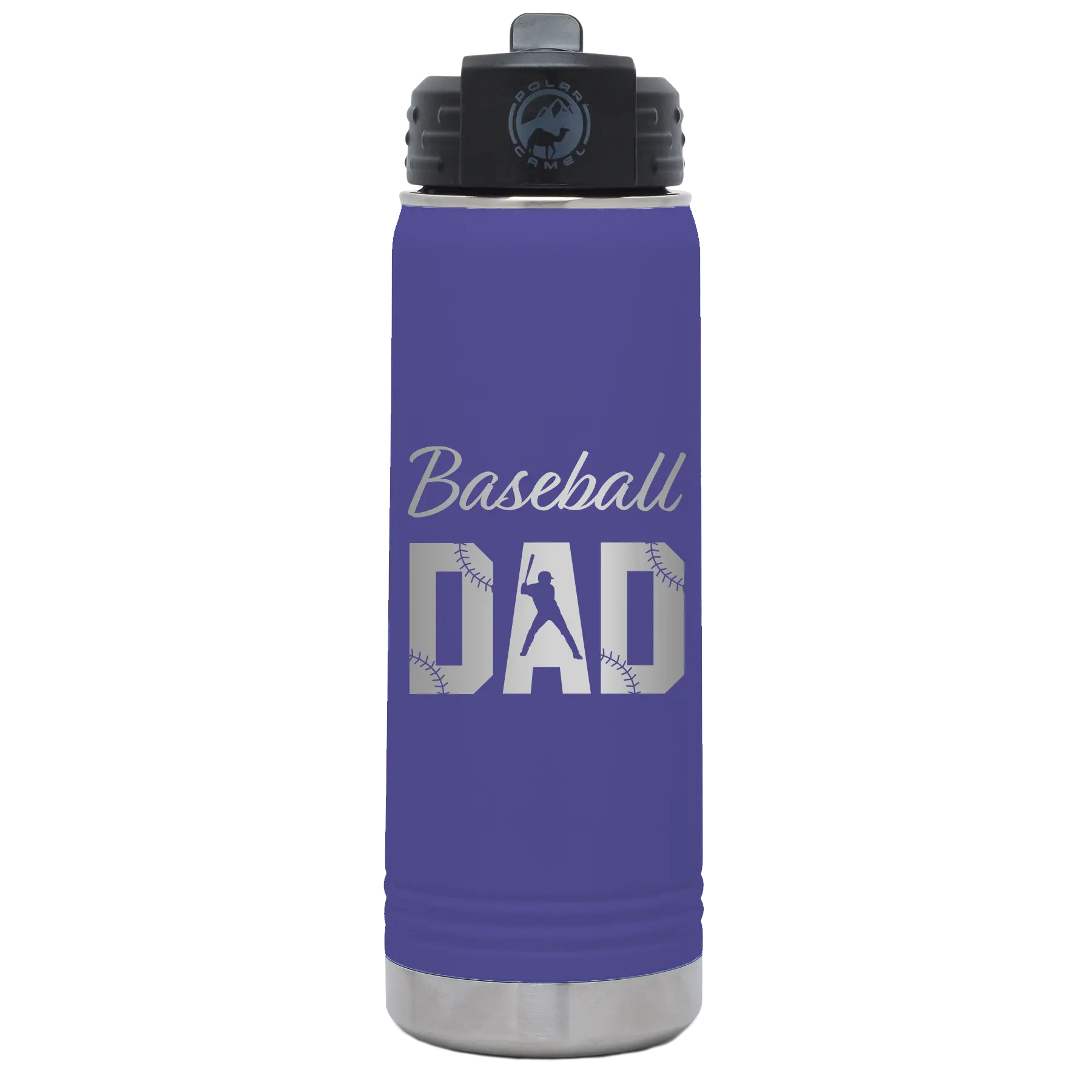 Laser etched purple 20 oz vacuum insulated water bottle with 'Baseball Dad2' design