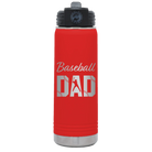 Laser etched red 20 oz vacuum insulated water bottle with 'Baseball Dad2' design