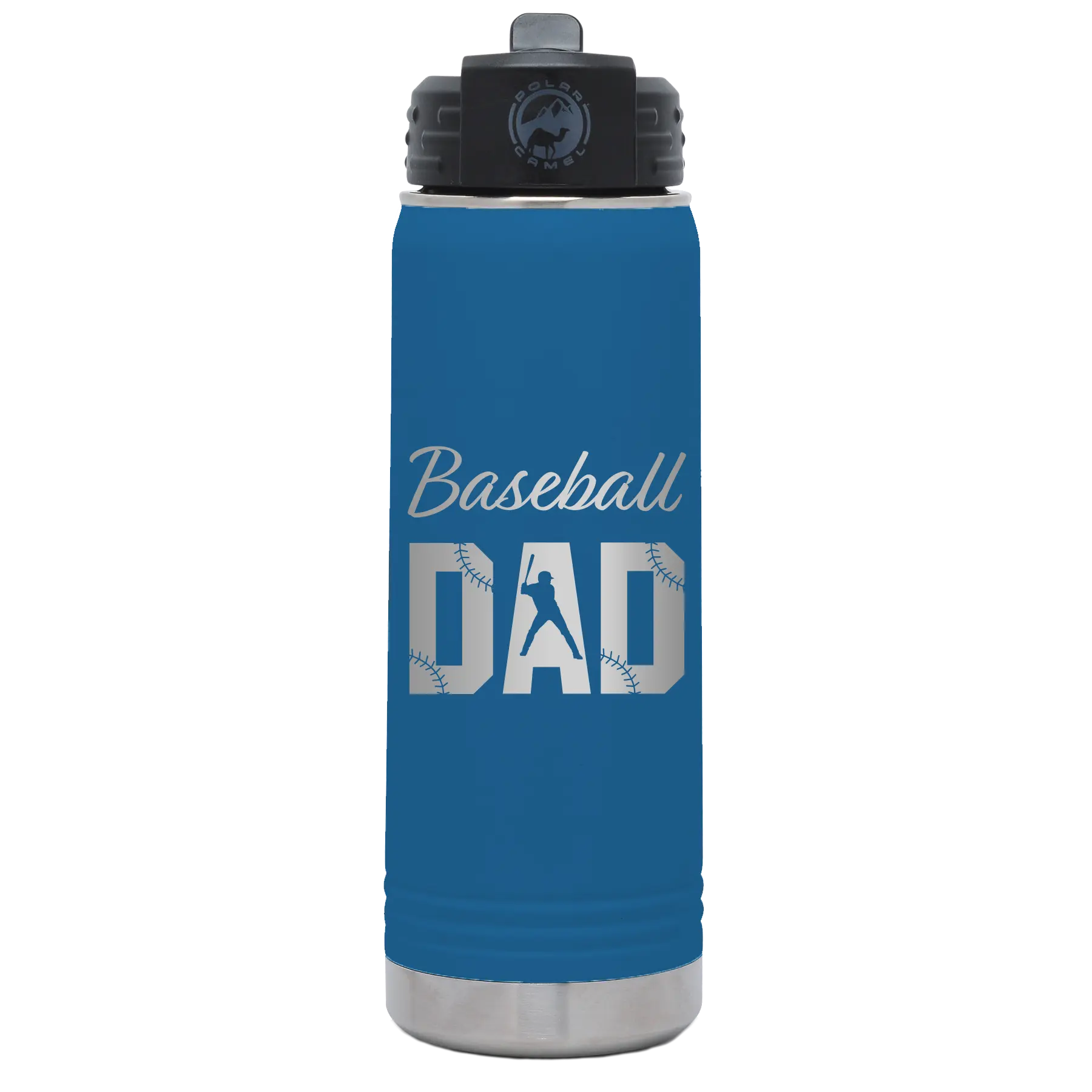 Laser etched royal blue 20 oz vacuum insulated water bottle with 'Baseball Dad2' design
