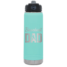 Laser etched teal 20 oz vacuum insulated water bottle with 'Baseball Dad2' design