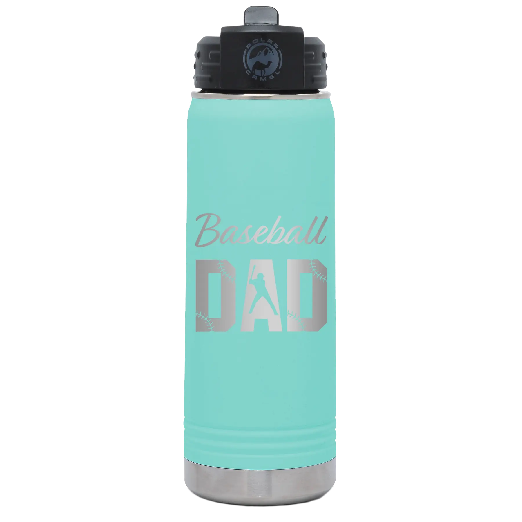 Laser etched teal 20 oz vacuum insulated water bottle with 'Baseball Dad2' design