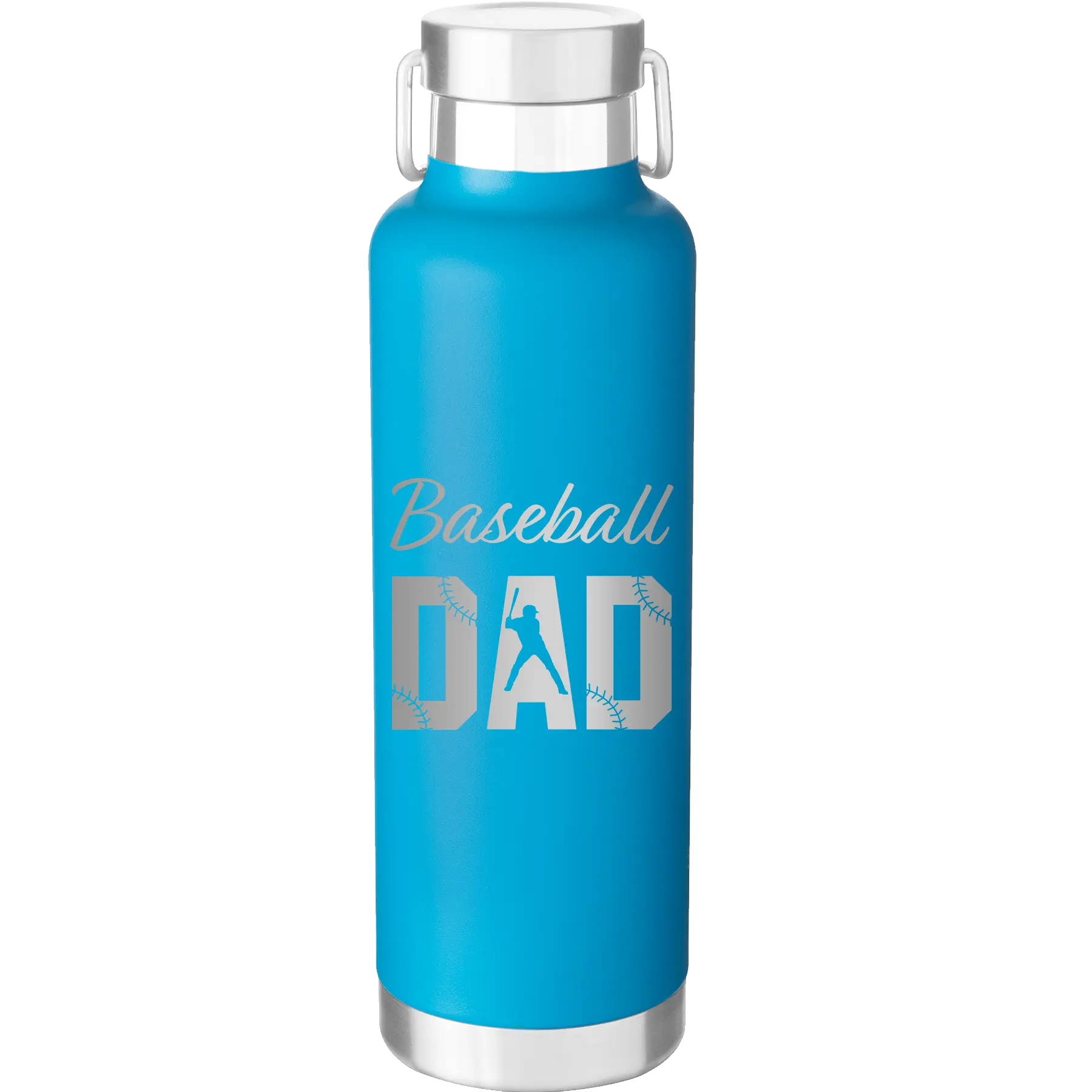 Laser etched aqua 24 oz vacuum insulated water bottle with 'Baseball Dad2' design