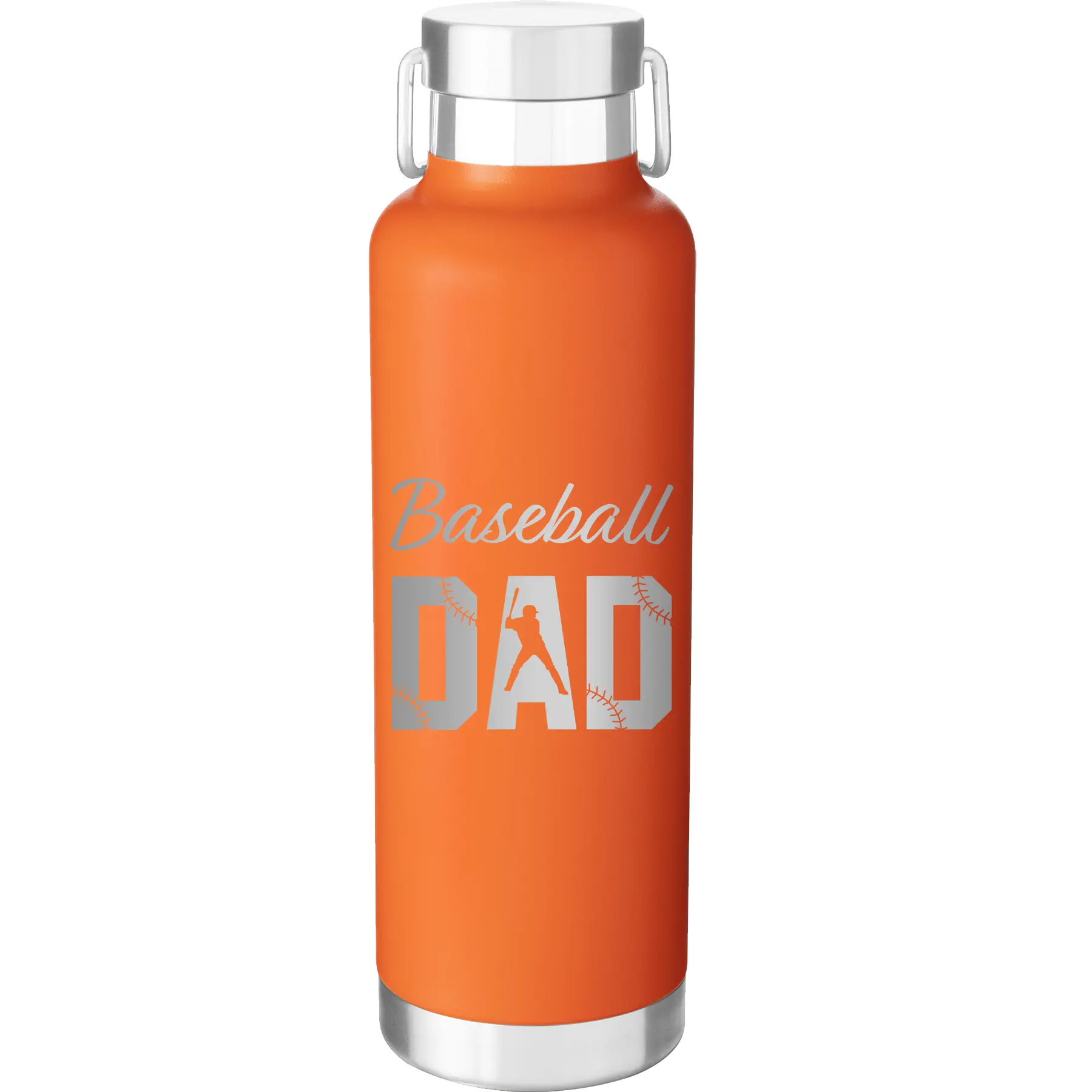Laser etched orange 24 oz vacuum insulated water bottle with 'Baseball Dad2' design