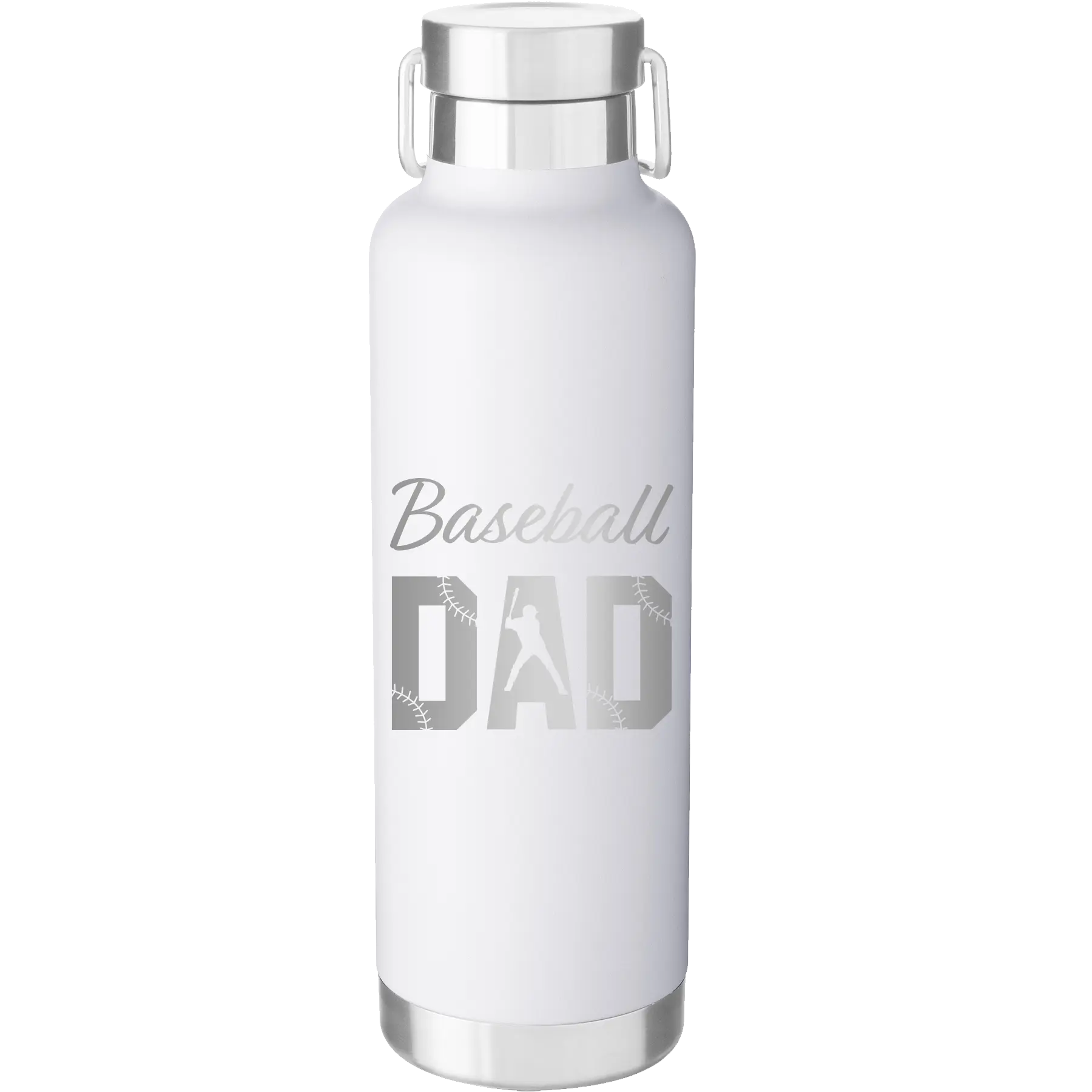 Laser etched white 24 oz vacuum insulated water bottle with 'Baseball Dad2' design