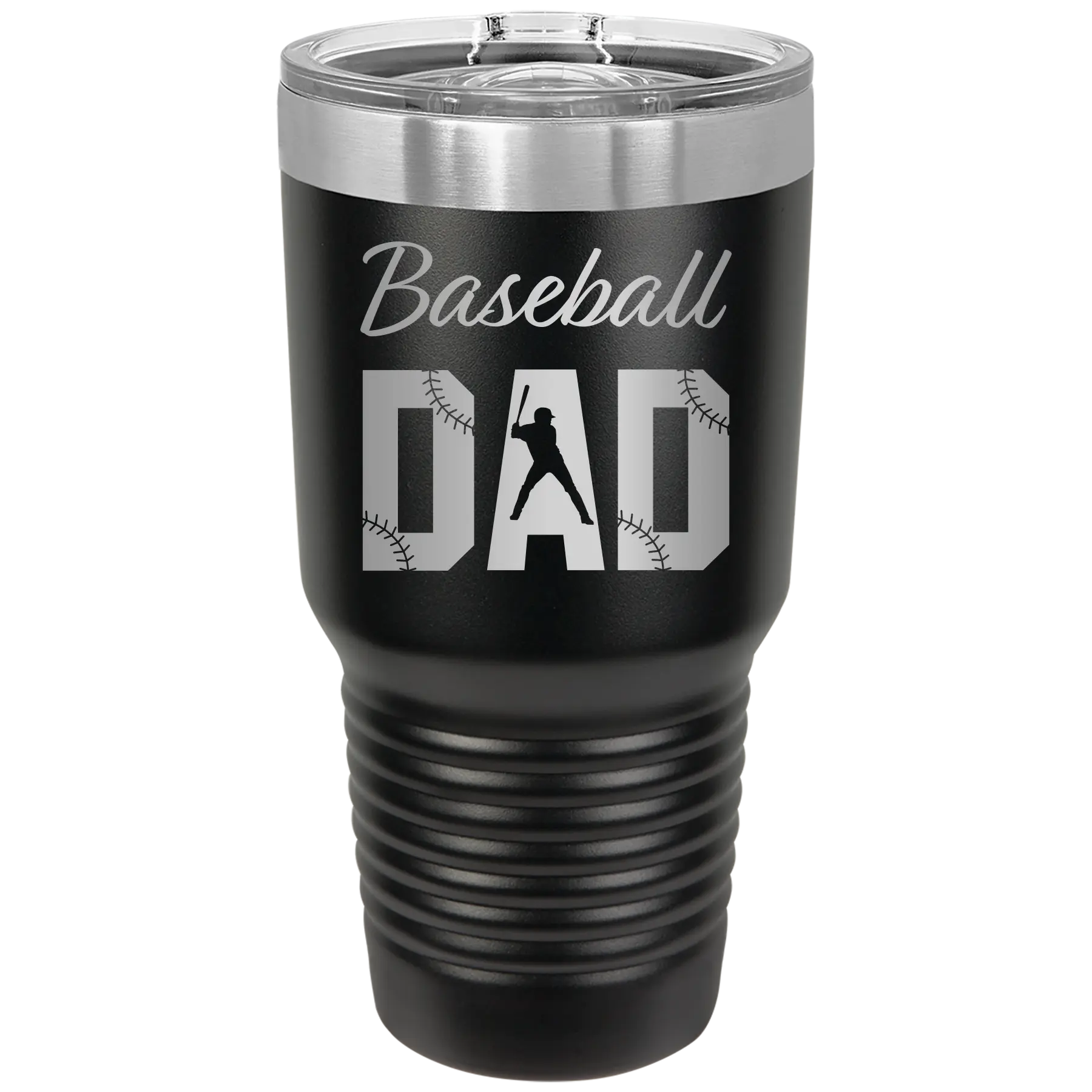 Laser etched black 30 oz vacuum insulated tumbler with 'Baseball Dad2' design