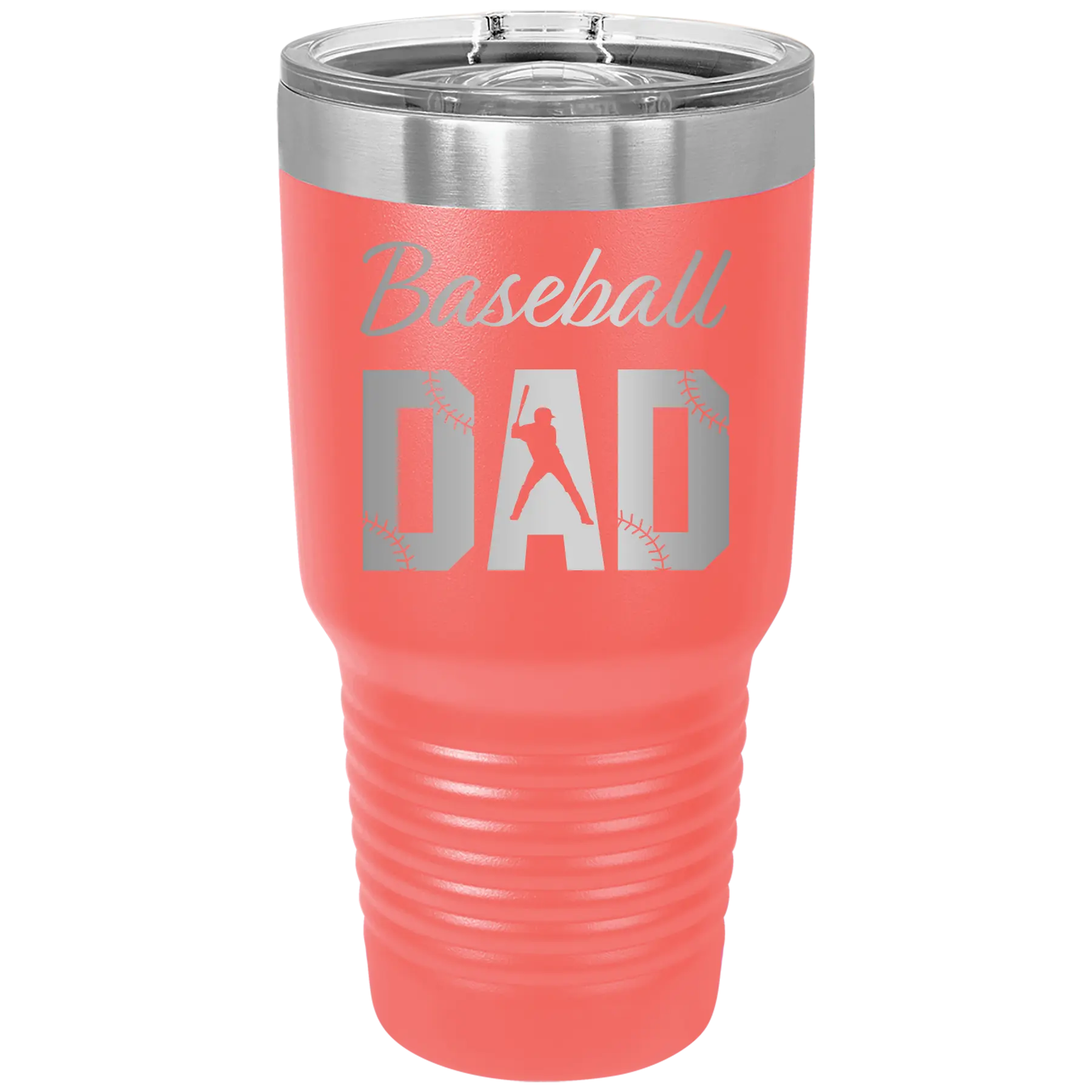 Laser etched coral 30 oz vacuum insulated tumbler with 'Baseball Dad2' design