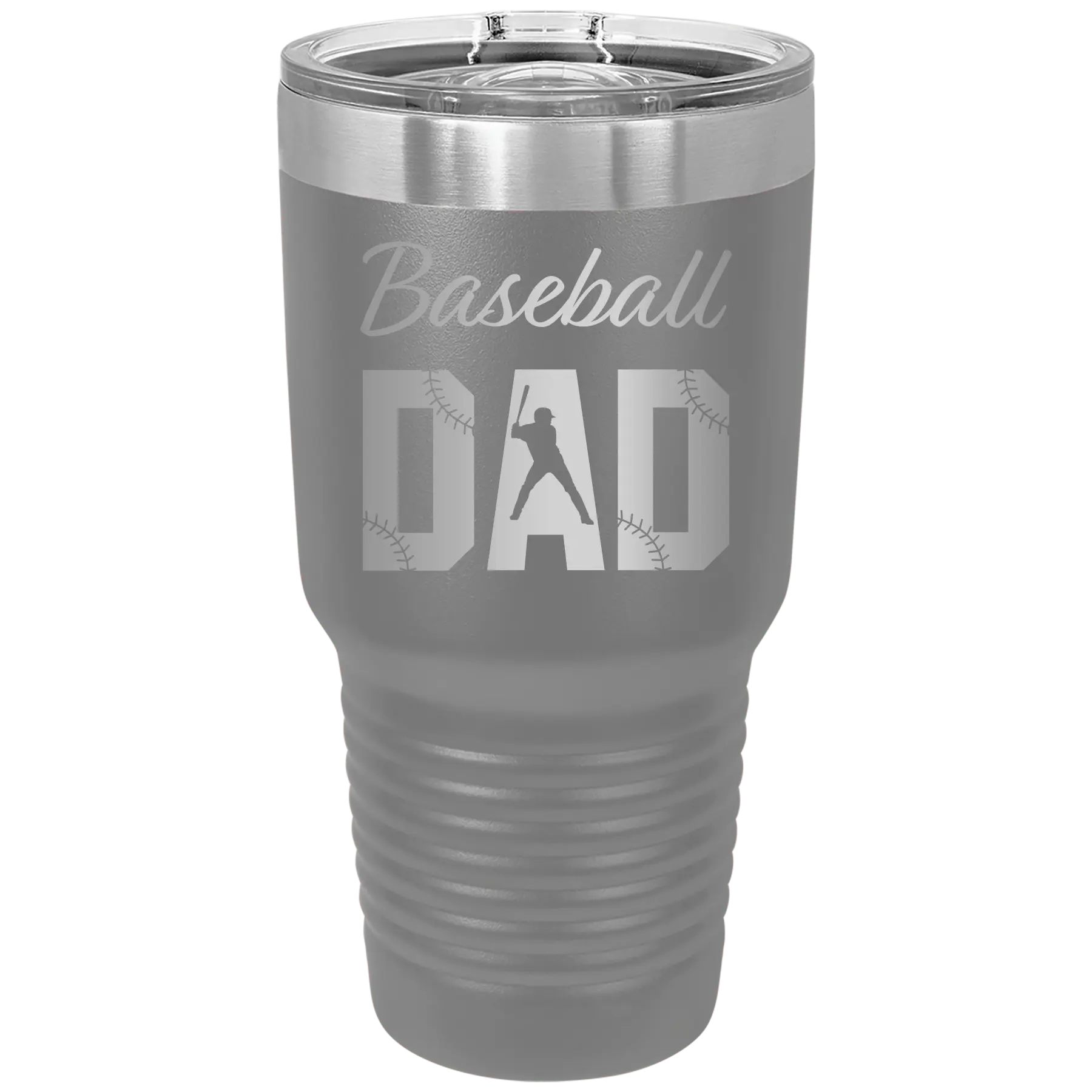 Laser etched dark gray 30 oz vacuum insulated tumbler with 'Baseball Dad2' design