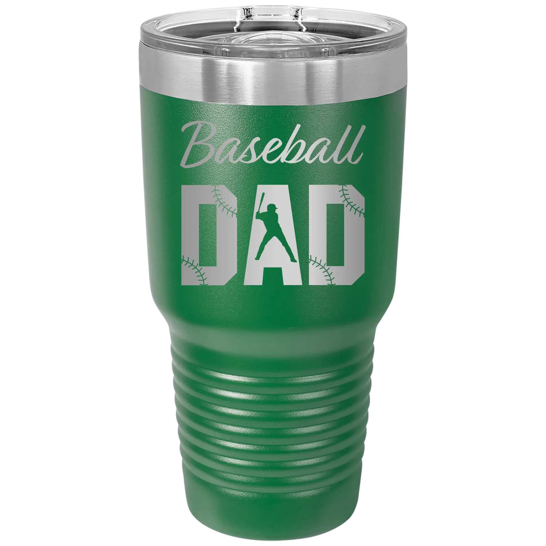 Laser etched green 30 oz vacuum insulated tumbler with 'Baseball Dad2' design