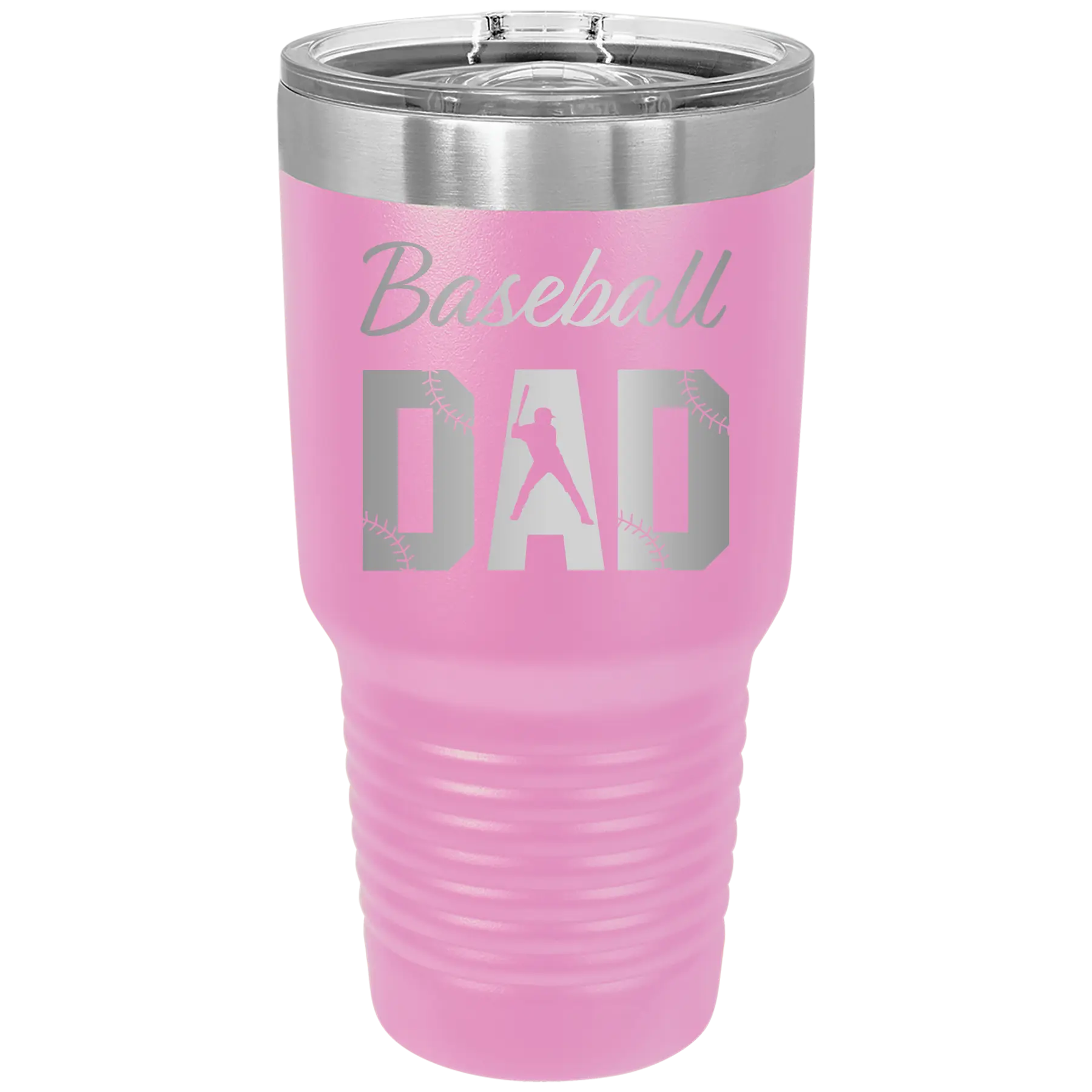 Laser etched light purple 30 oz vacuum insulated tumbler with 'Baseball Dad2' design