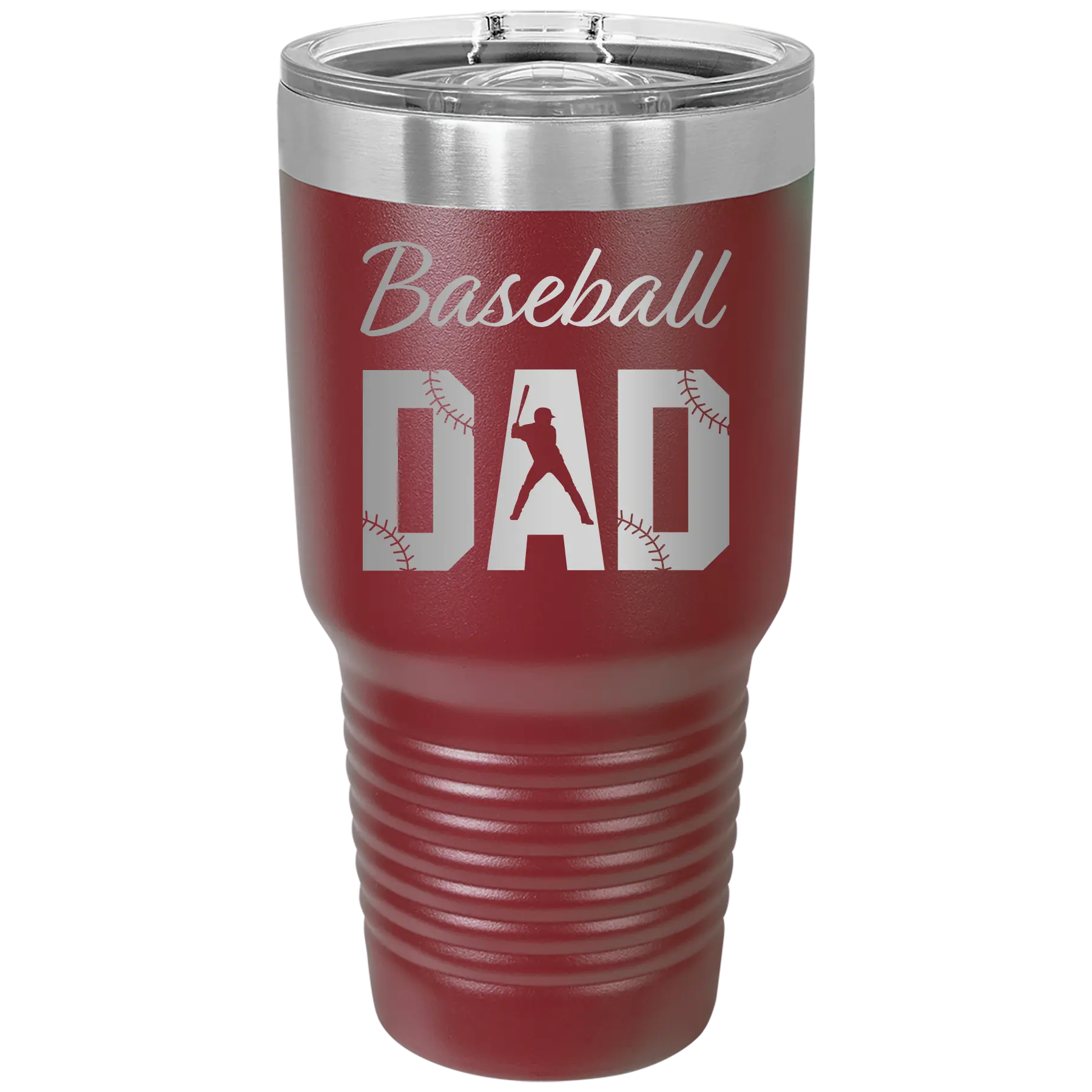 Laser etched maroon 30 oz vacuum insulated tumbler with 'Baseball Dad2' design