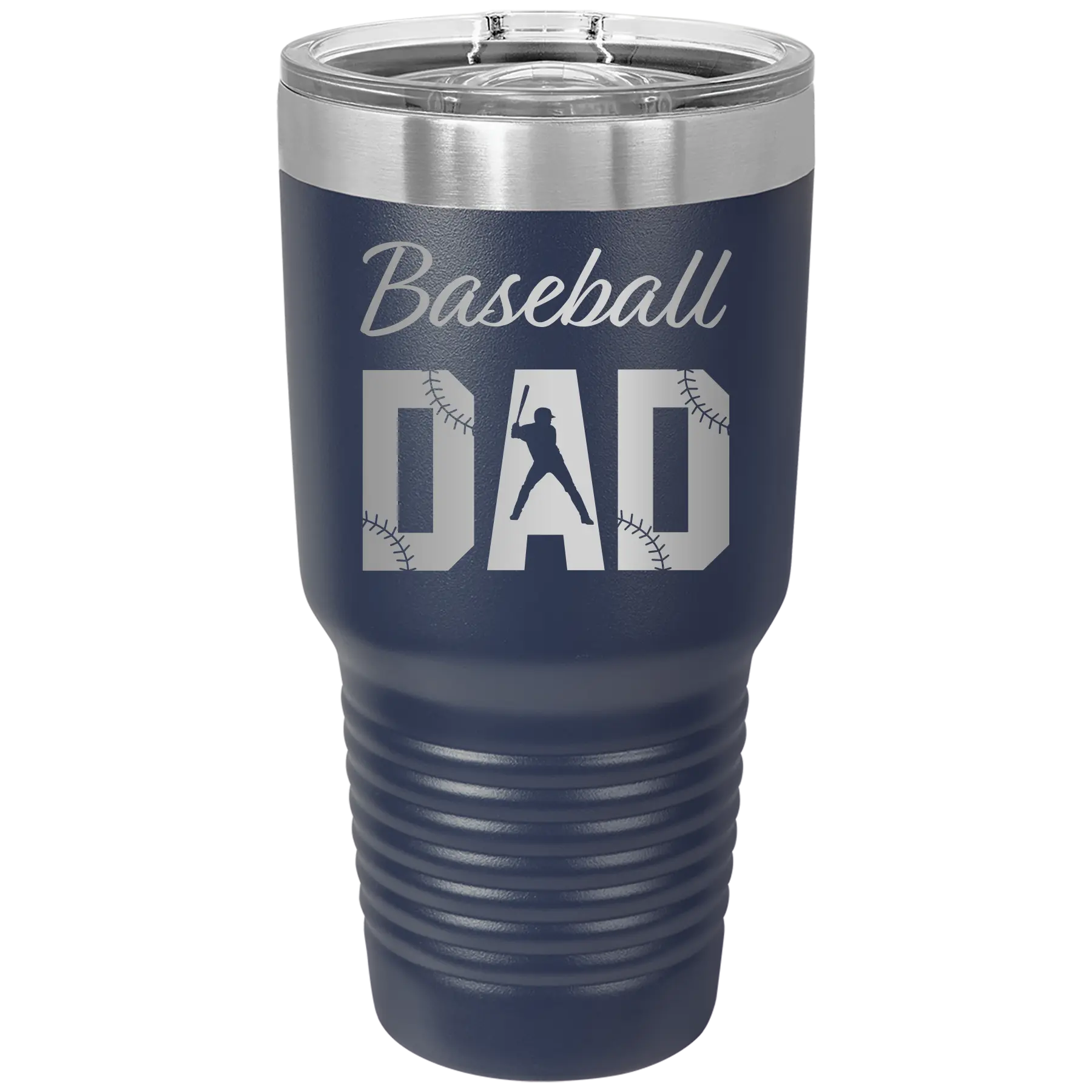 Laser etched navy 30 oz vacuum insulated tumbler with 'Baseball Dad2' design