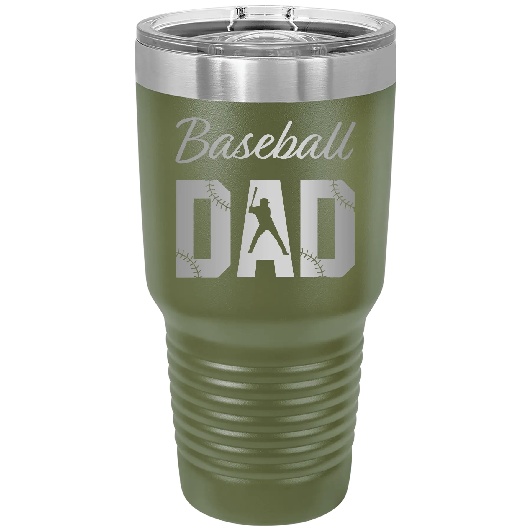 Laser etched olive green 30 oz vacuum insulated tumbler with 'Baseball Dad2' design