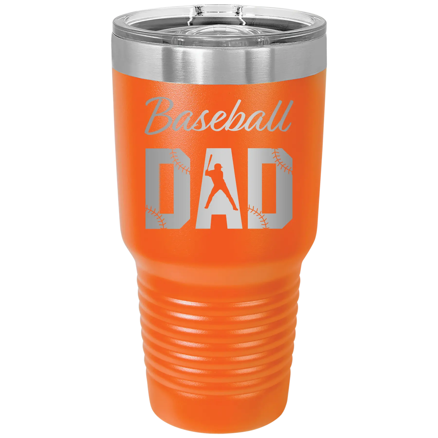 Laser etched orange 30 oz vacuum insulated tumbler with 'Baseball Dad2' design