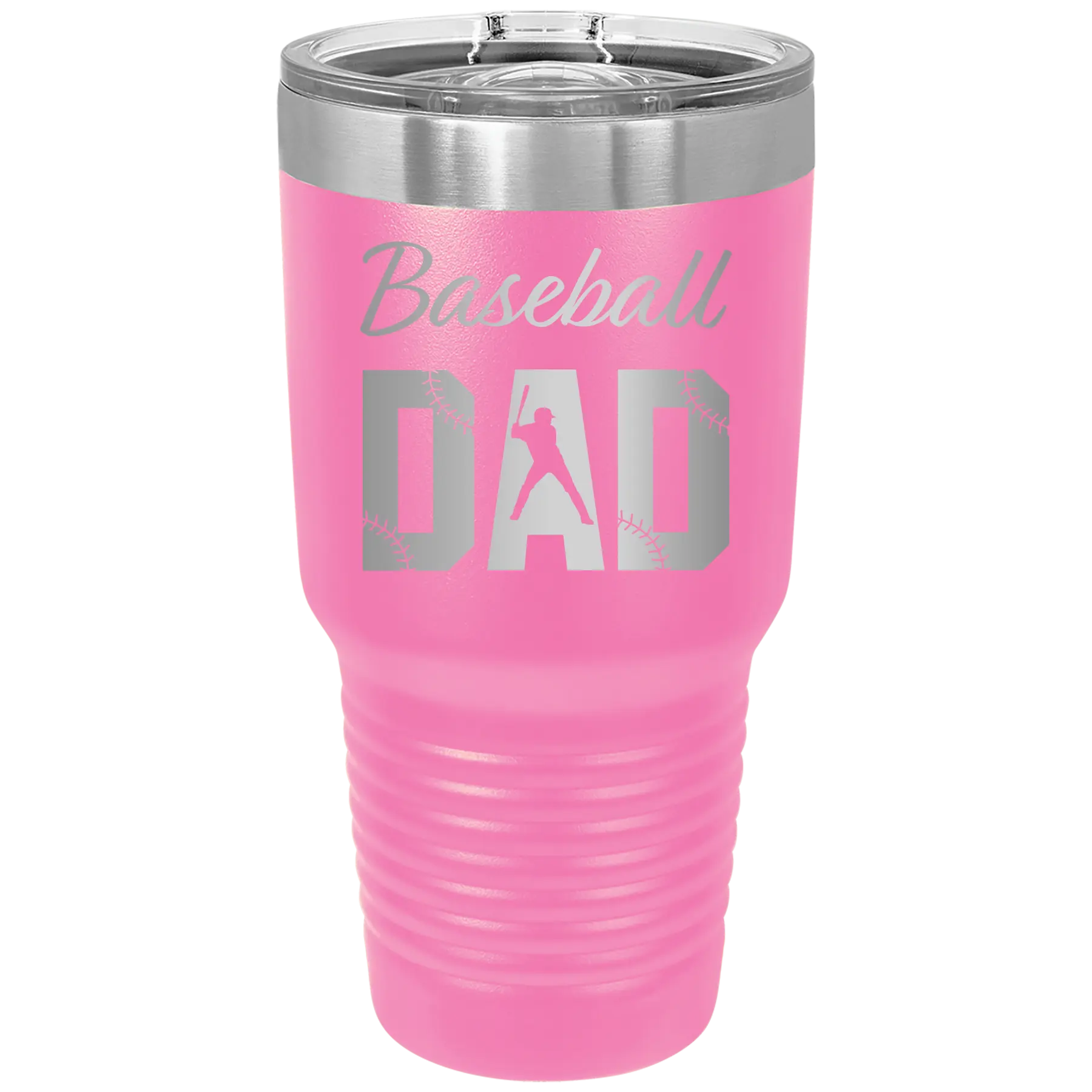 Laser etched pink 30 oz vacuum insulated tumbler with 'Baseball Dad2' design