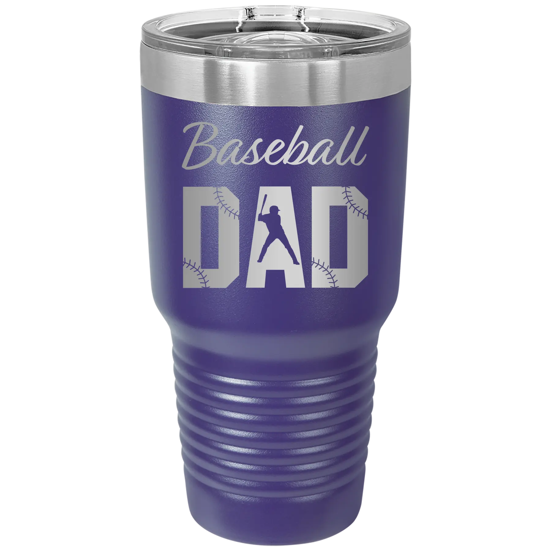 Laser etched purple 30 oz vacuum insulated tumbler with 'Baseball Dad2' design