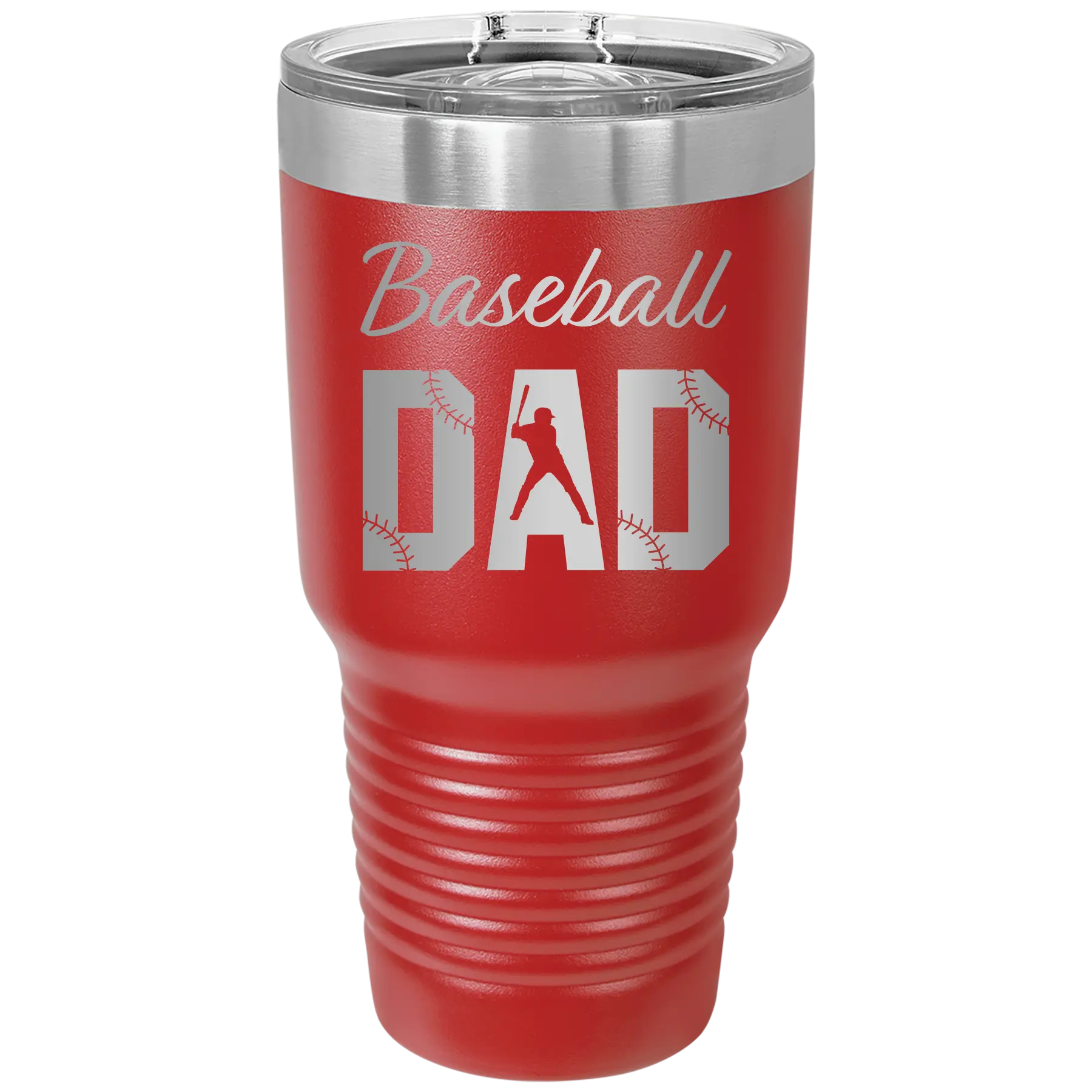 Laser etched red 30 oz vacuum insulated tumbler with 'Baseball Dad2' design
