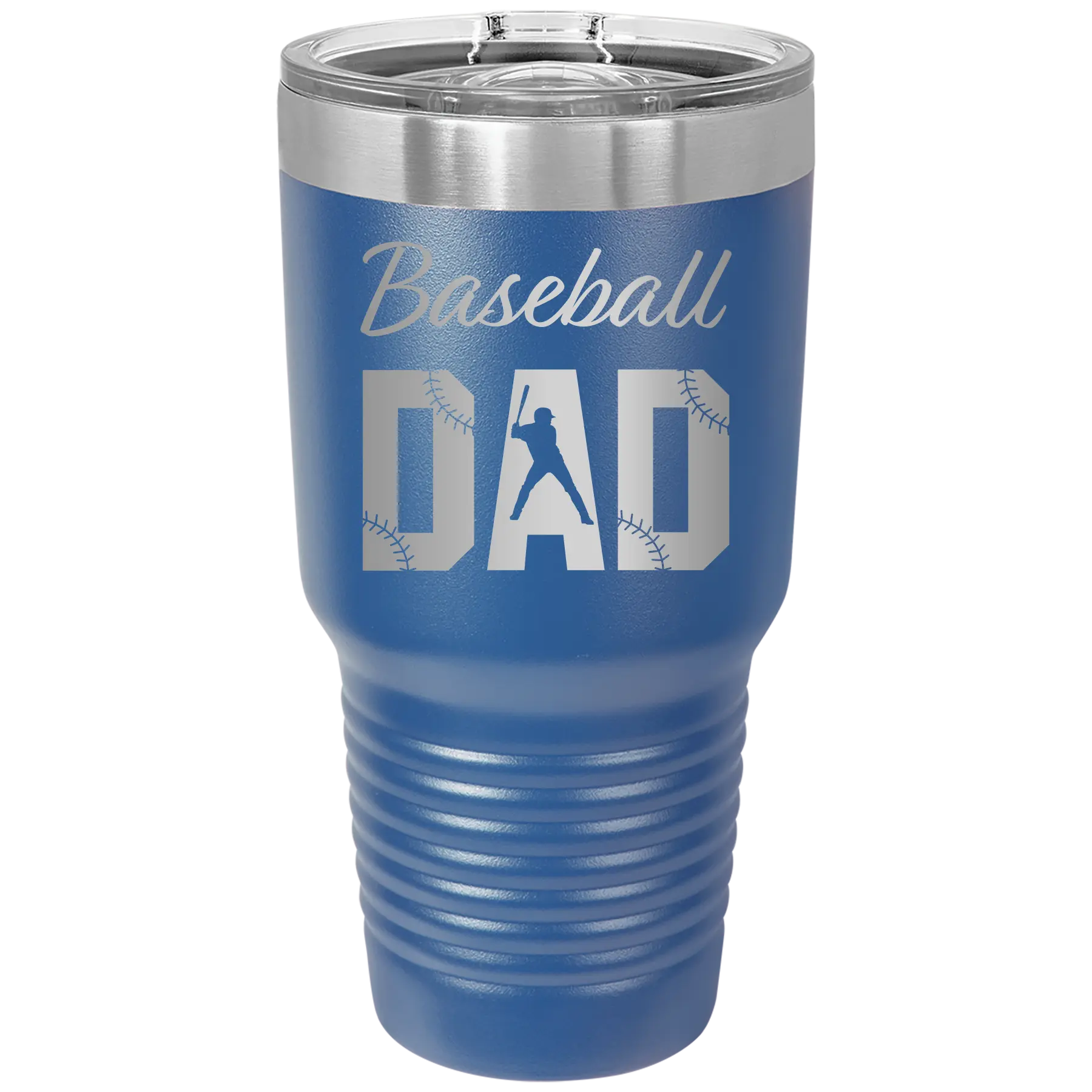 Laser etched royal blue 30 oz vacuum insulated tumbler with 'Baseball Dad2' design