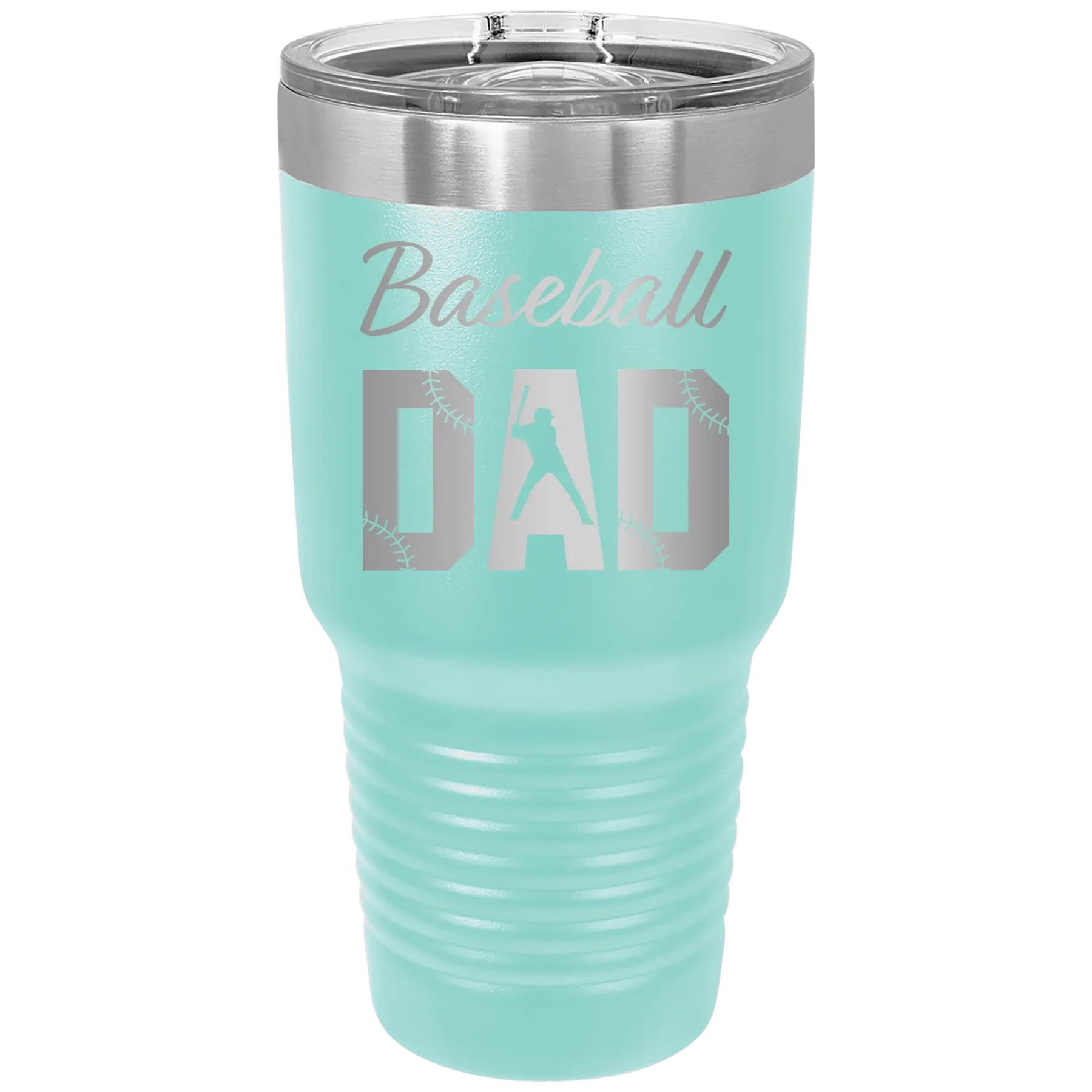 Laser etched teal 30 oz vacuum insulated tumbler with 'Baseball Dad2' design