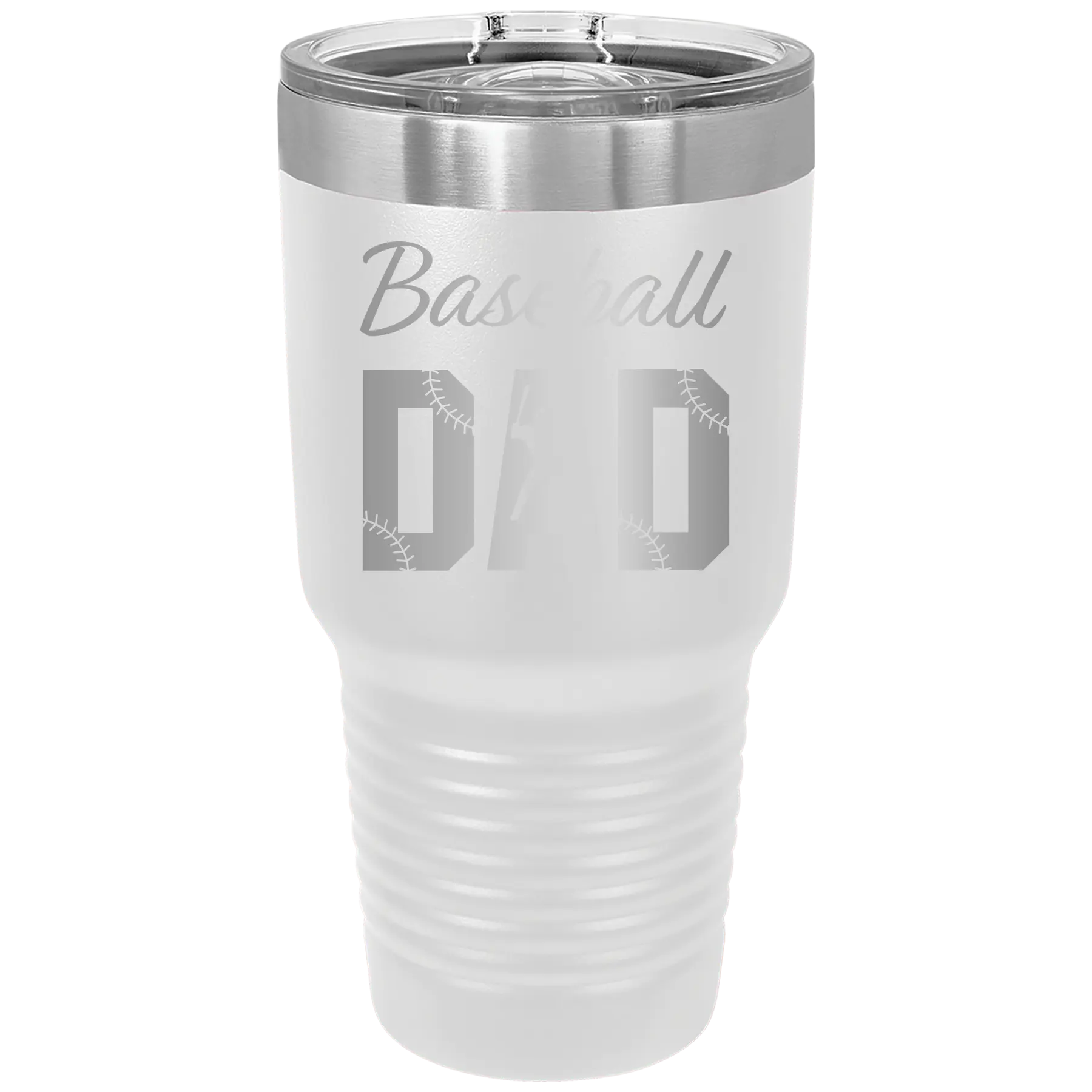 Laser etched white 30 oz vacuum insulated tumbler with 'Baseball Dad2' design