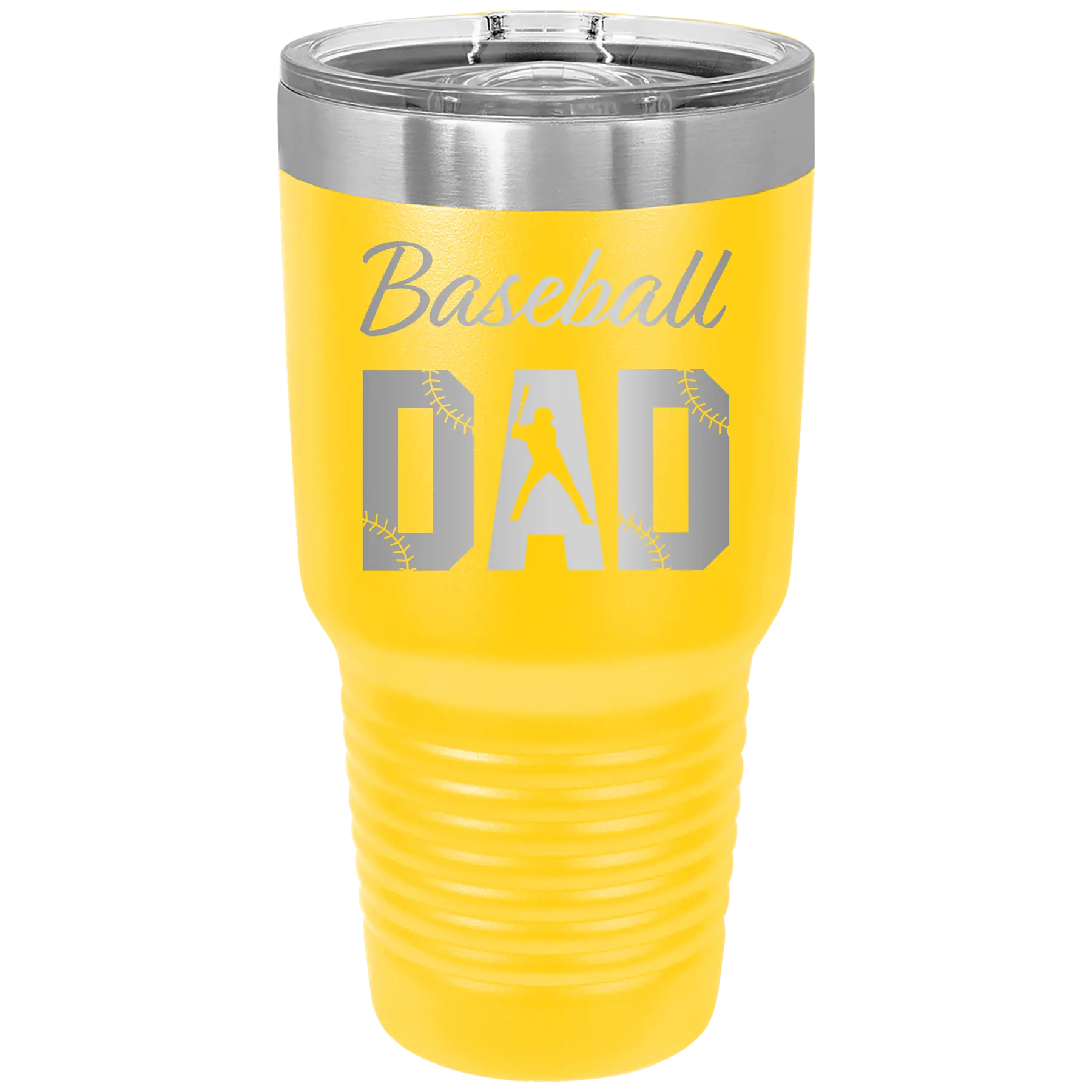 Laser etched yellow 30 oz vacuum insulated tumbler with 'Baseball Dad2' design