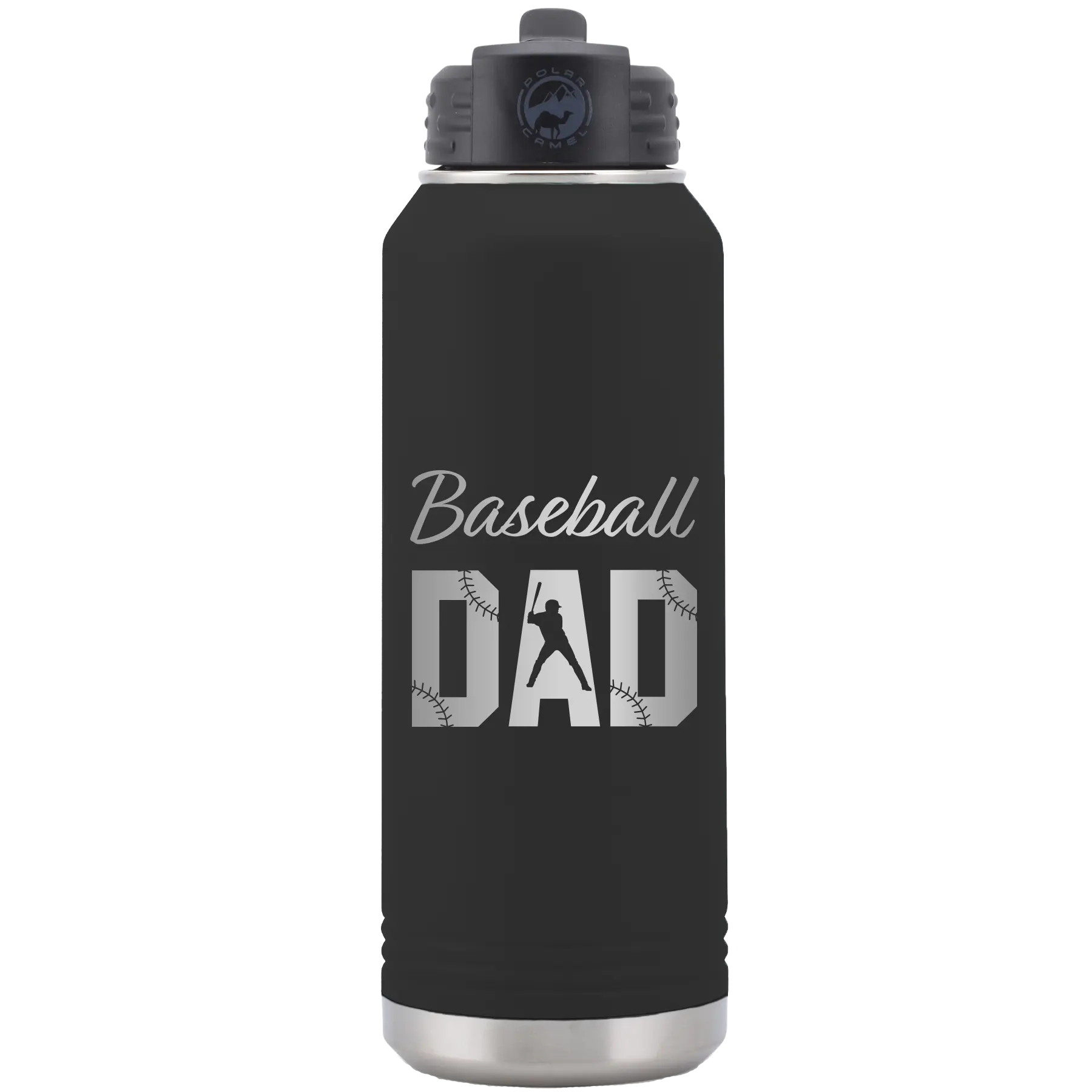 Laser etched black 32 oz vacuum insulated water bottle with 'Baseball Dad2' design