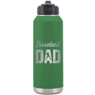Laser etched green 32 oz vacuum insulated water bottle with 'Baseball Dad2' design