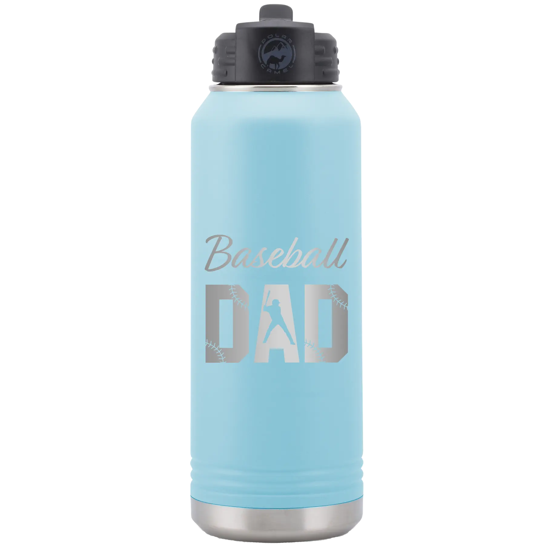 Laser etched light blue 32 oz vacuum insulated water bottle with 'Baseball Dad2' design