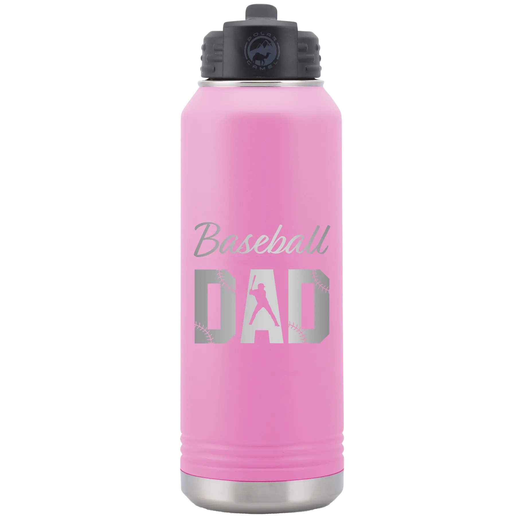 Laser etched light purple 32 oz vacuum insulated water bottle with 'Baseball Dad2' design