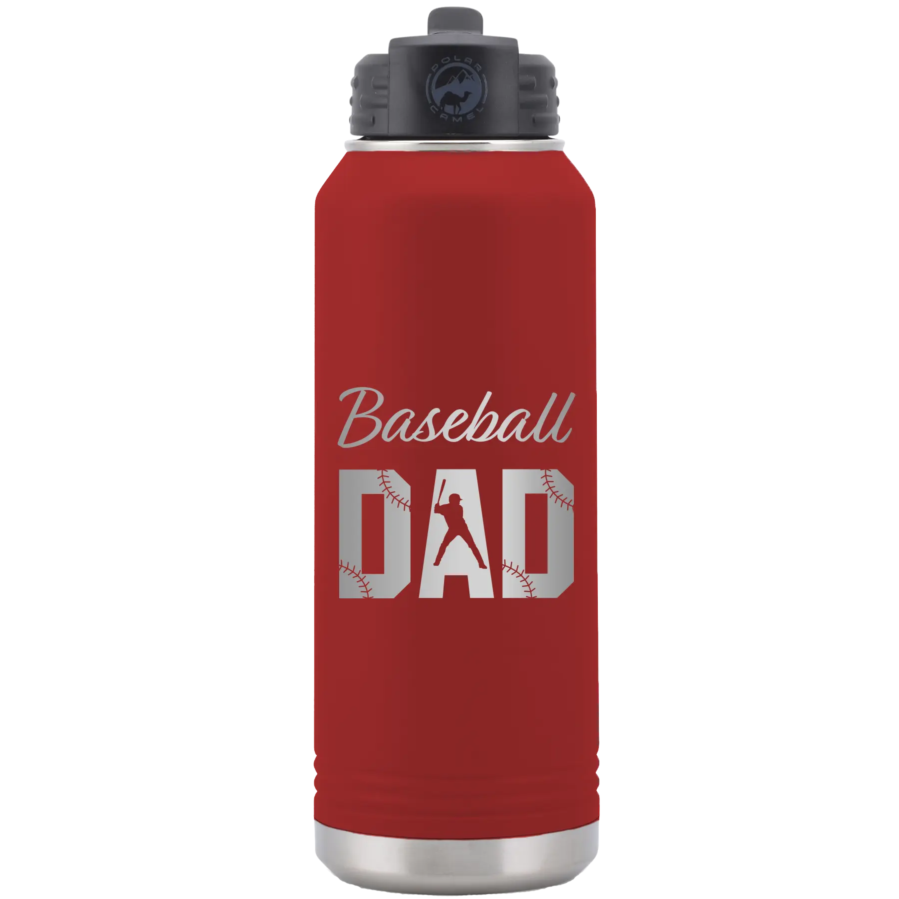 Laser etched maroon 32 oz vacuum insulated water bottle with 'Baseball Dad2' design