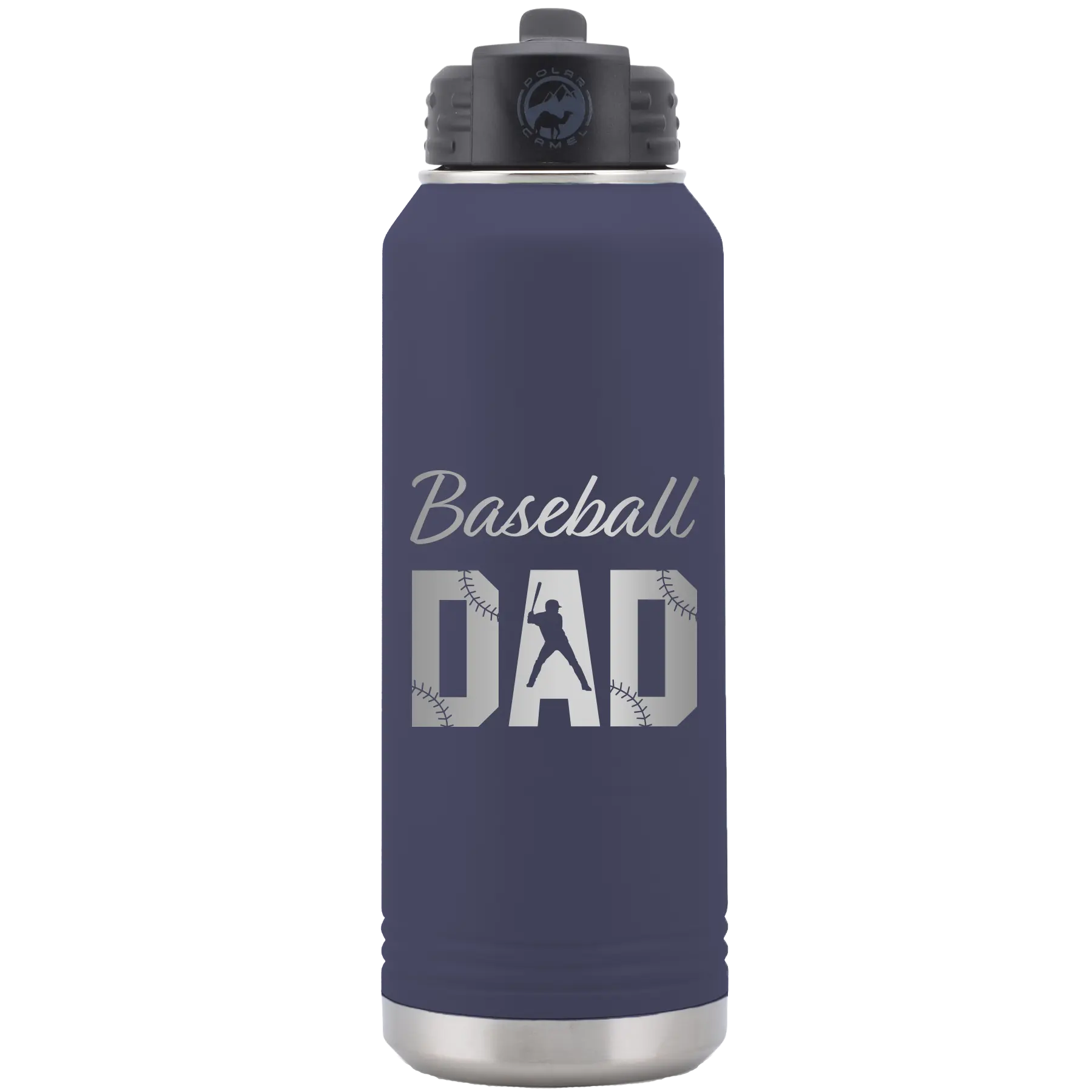 Laser etched navy 32 oz vacuum insulated water bottle with 'Baseball Dad2' design
