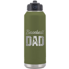 Laser etched olive green 32 oz vacuum insulated water bottle with 'Baseball Dad2' design