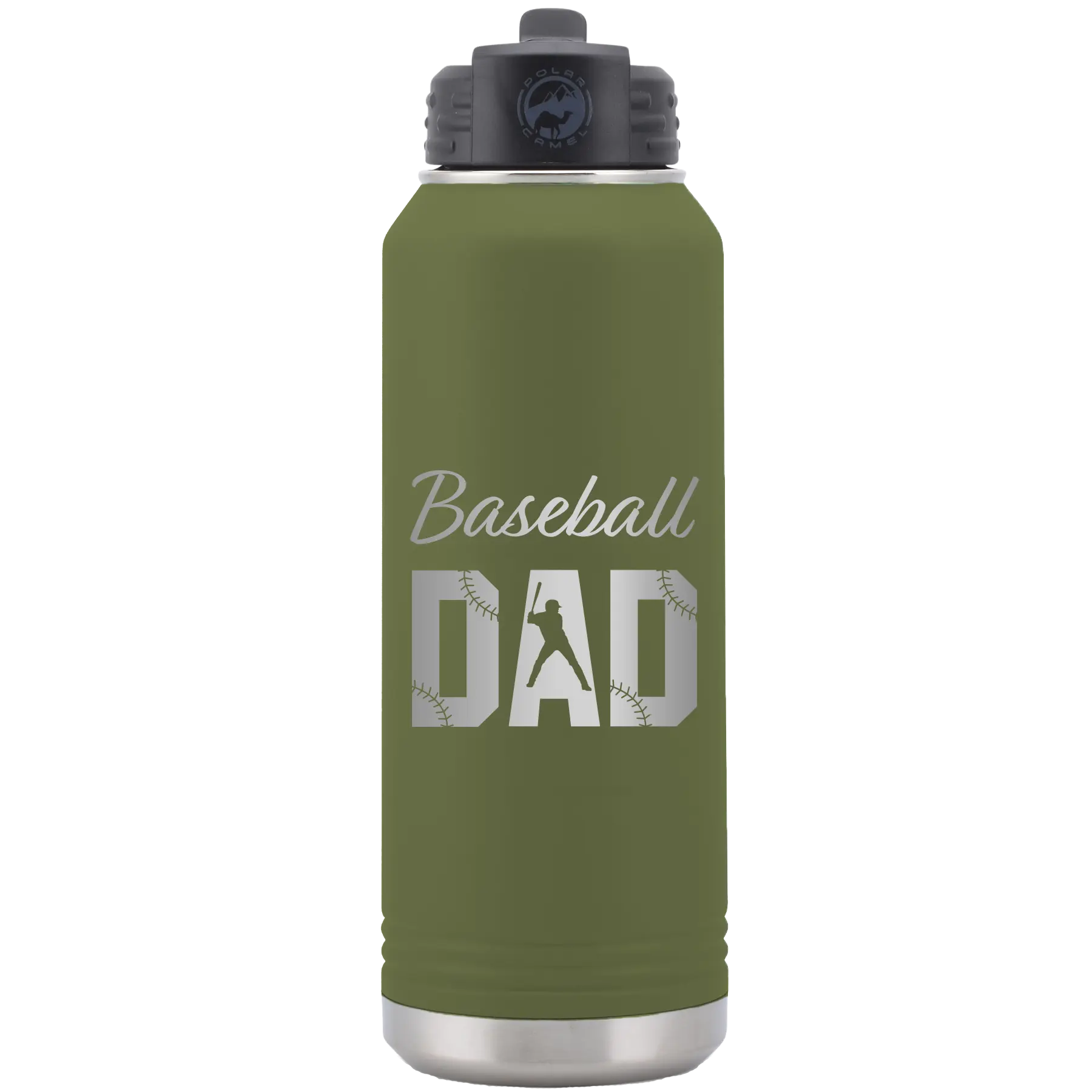 Laser etched olive green 32 oz vacuum insulated water bottle with 'Baseball Dad2' design