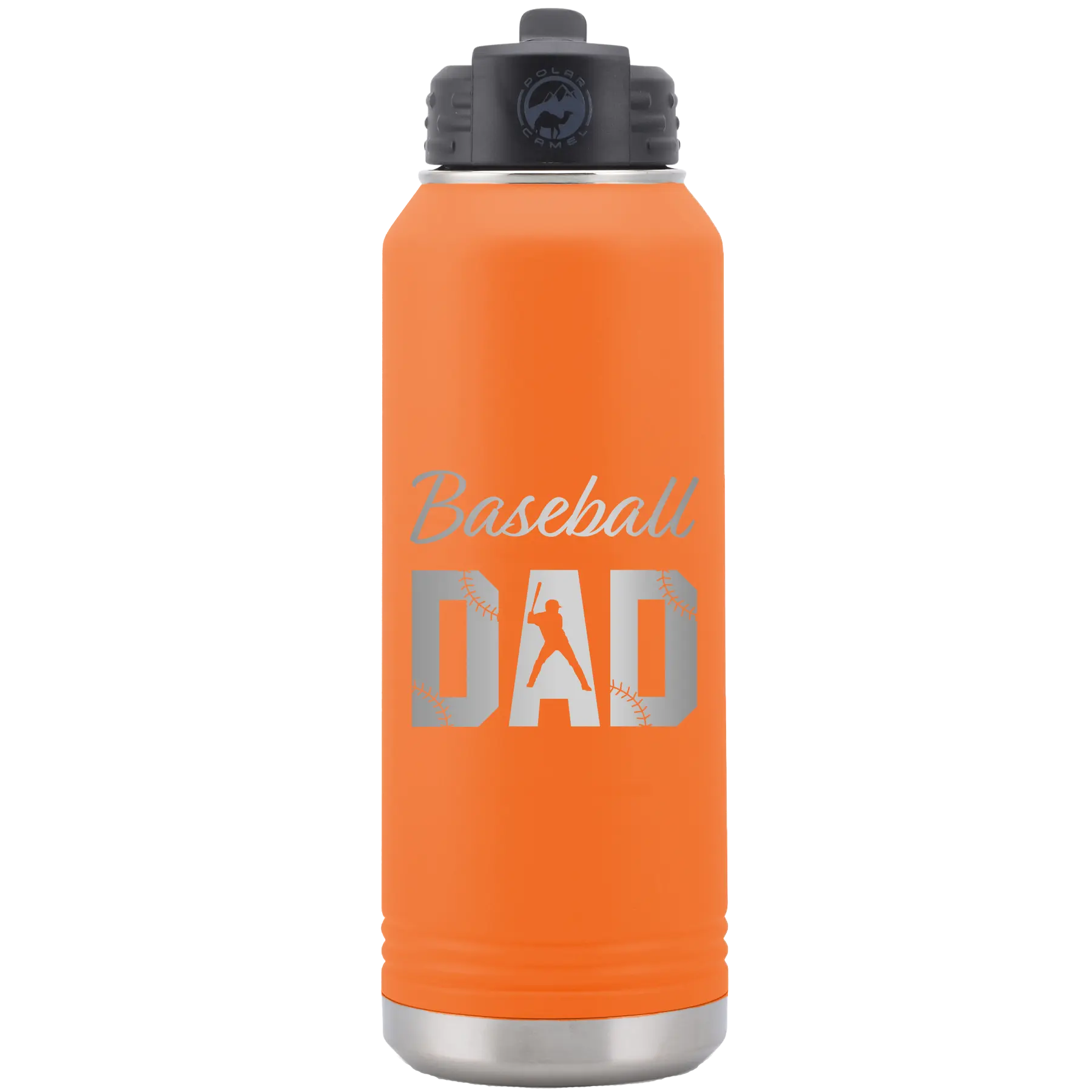 Laser etched orange 32 oz vacuum insulated water bottle with 'Baseball Dad2' design