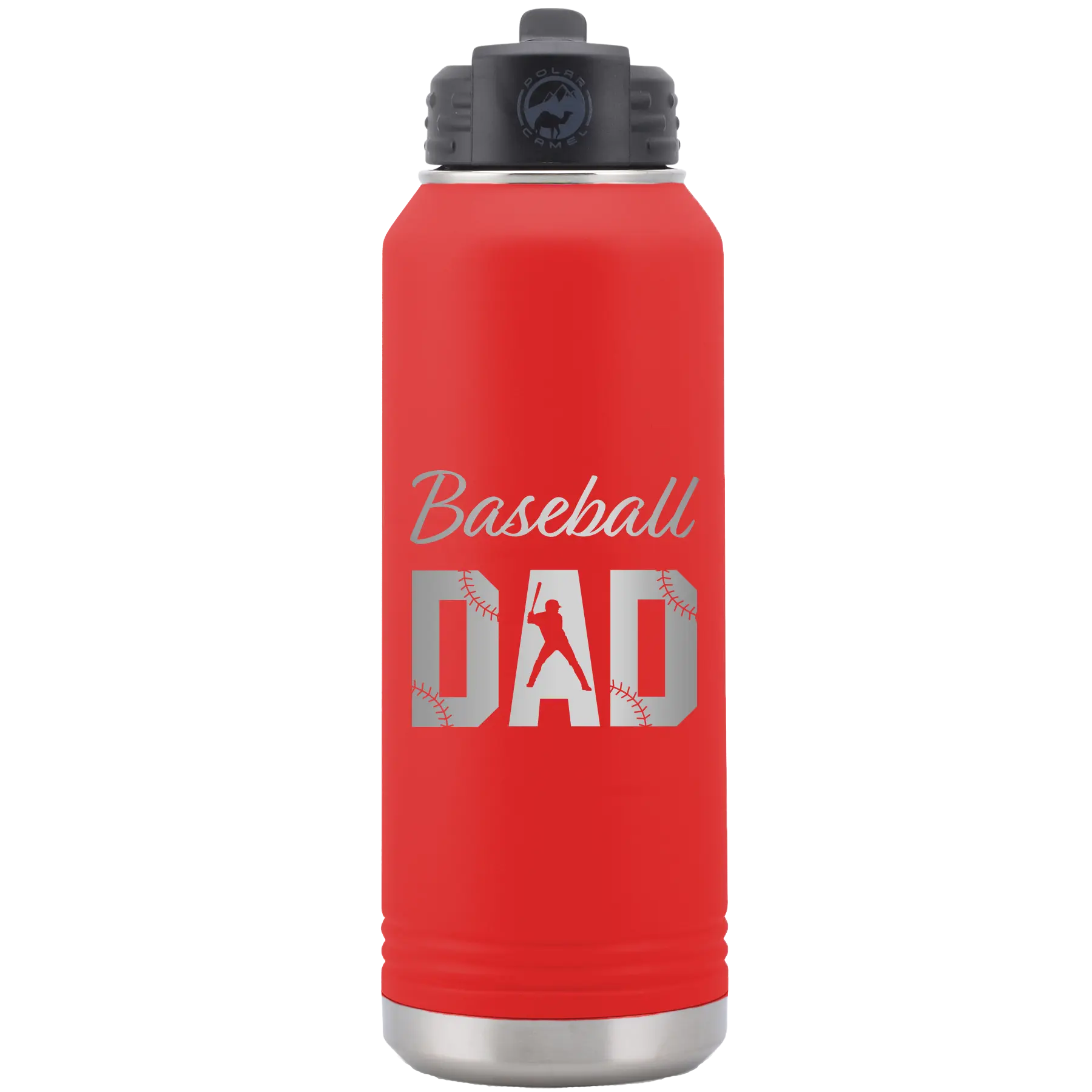 Laser etched red 32 oz vacuum insulated water bottle with 'Baseball Dad2' design