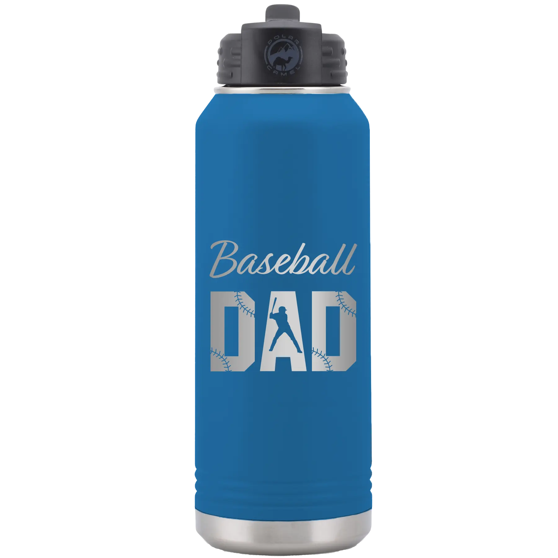 Laser etched royal blue 32 oz vacuum insulated water bottle with 'Baseball Dad2' design