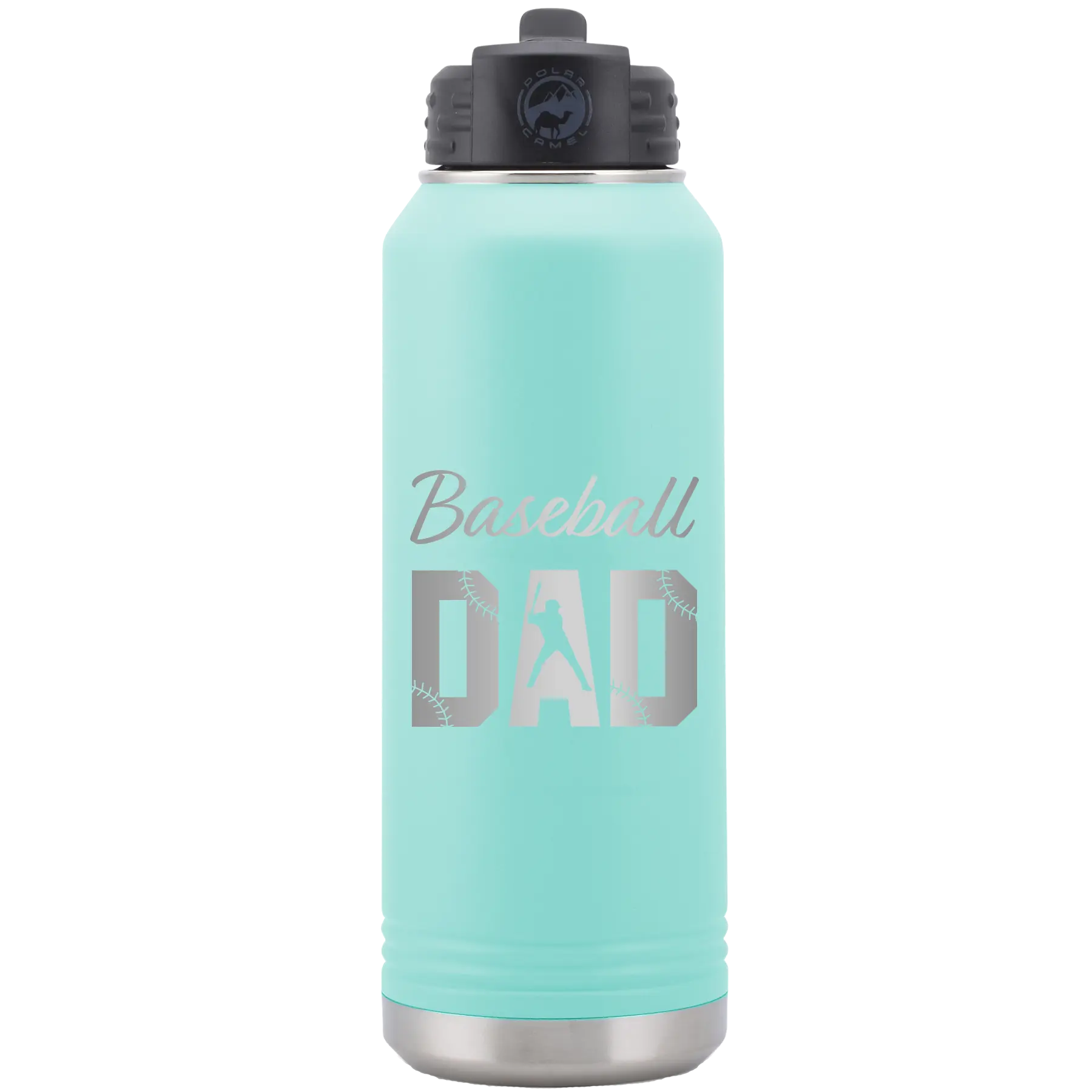 Laser etched teal 32 oz vacuum insulated water bottle with 'Baseball Dad2' design