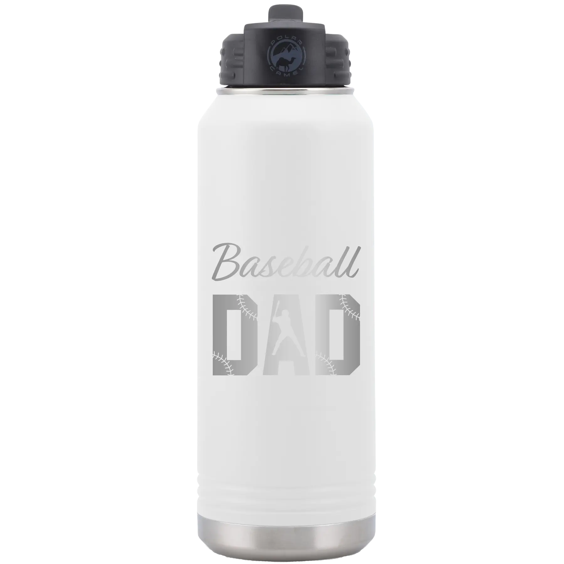 Laser etched white 32 oz vacuum insulated water bottle with 'Baseball Dad2' design