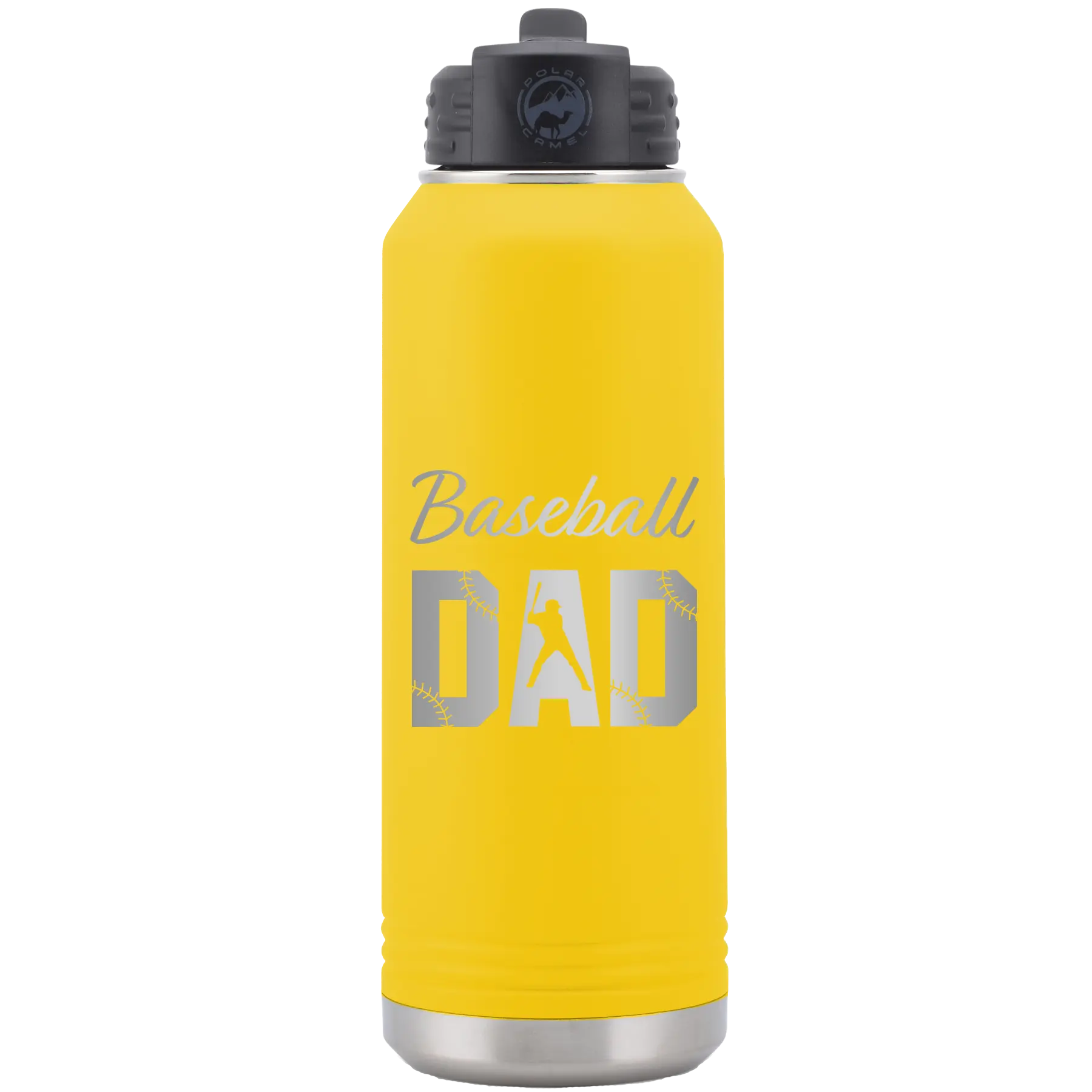 Laser etched yellow 32 oz vacuum insulated water bottle with 'Baseball Dad2' design