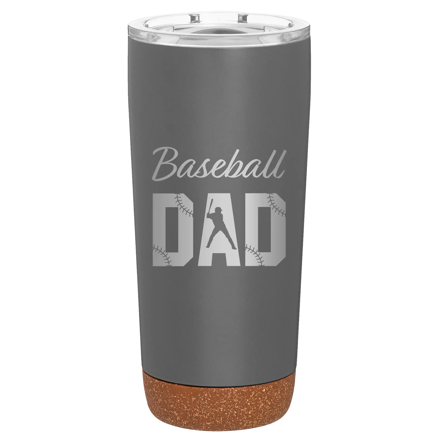Laser etched storm gray 20 oz vacuum insulated tumbler with 'Baseball Dad2' design