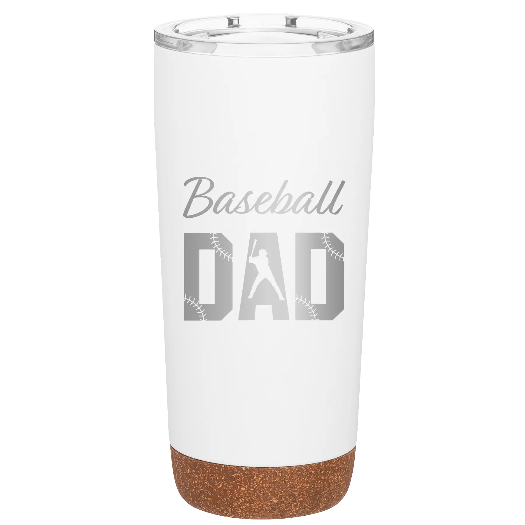 Laser etched white 20 oz vacuum insulated tumbler with 'Baseball Dad2' design