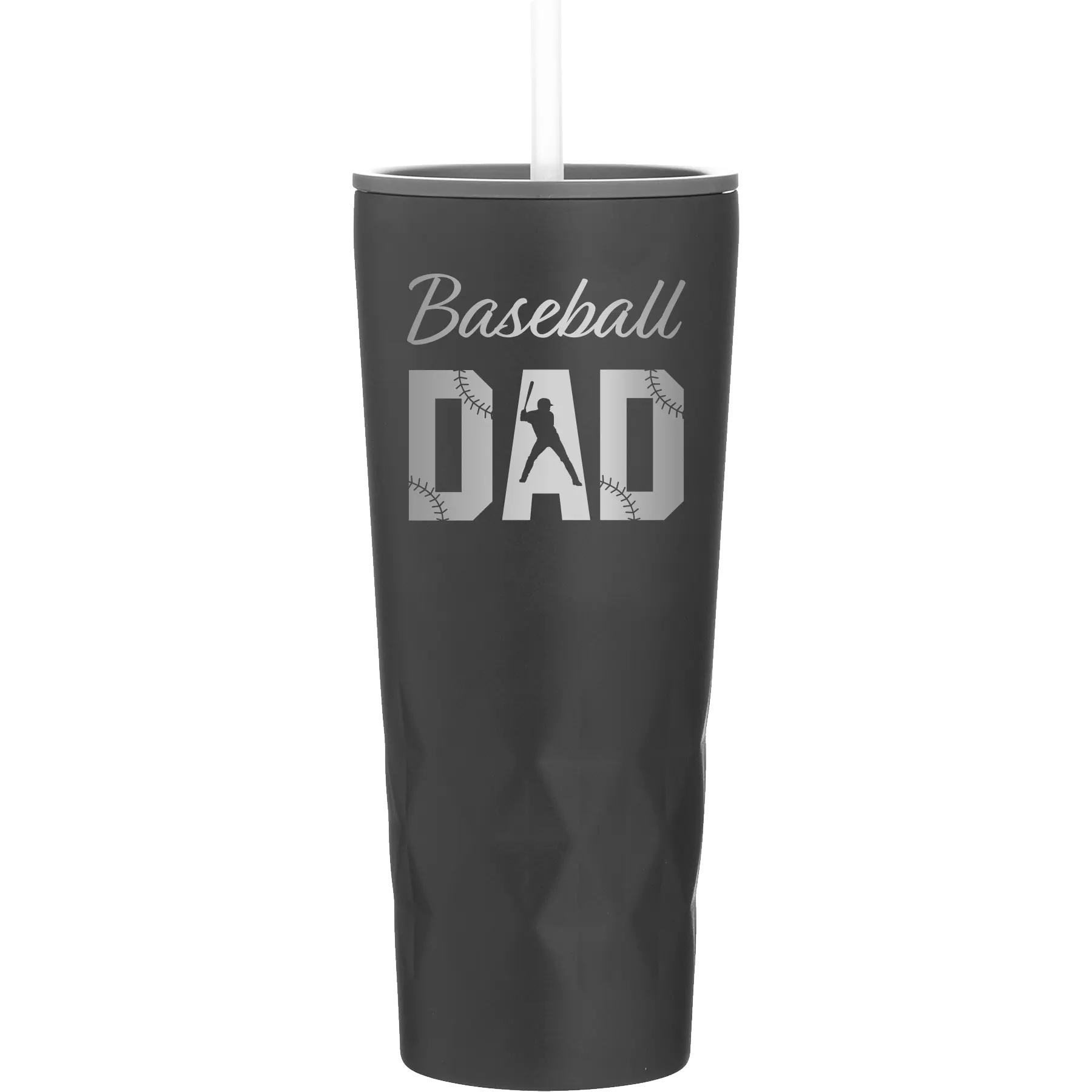 Laser etched black 20 oz vacuum insulated tumbler with 'Baseball Dad2' design