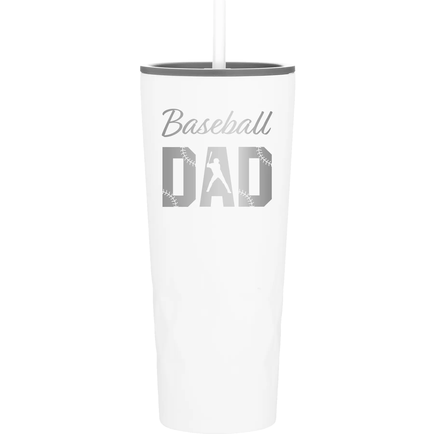 Laser etched white 20 oz vacuum insulated tumbler with 'Baseball Dad2' design