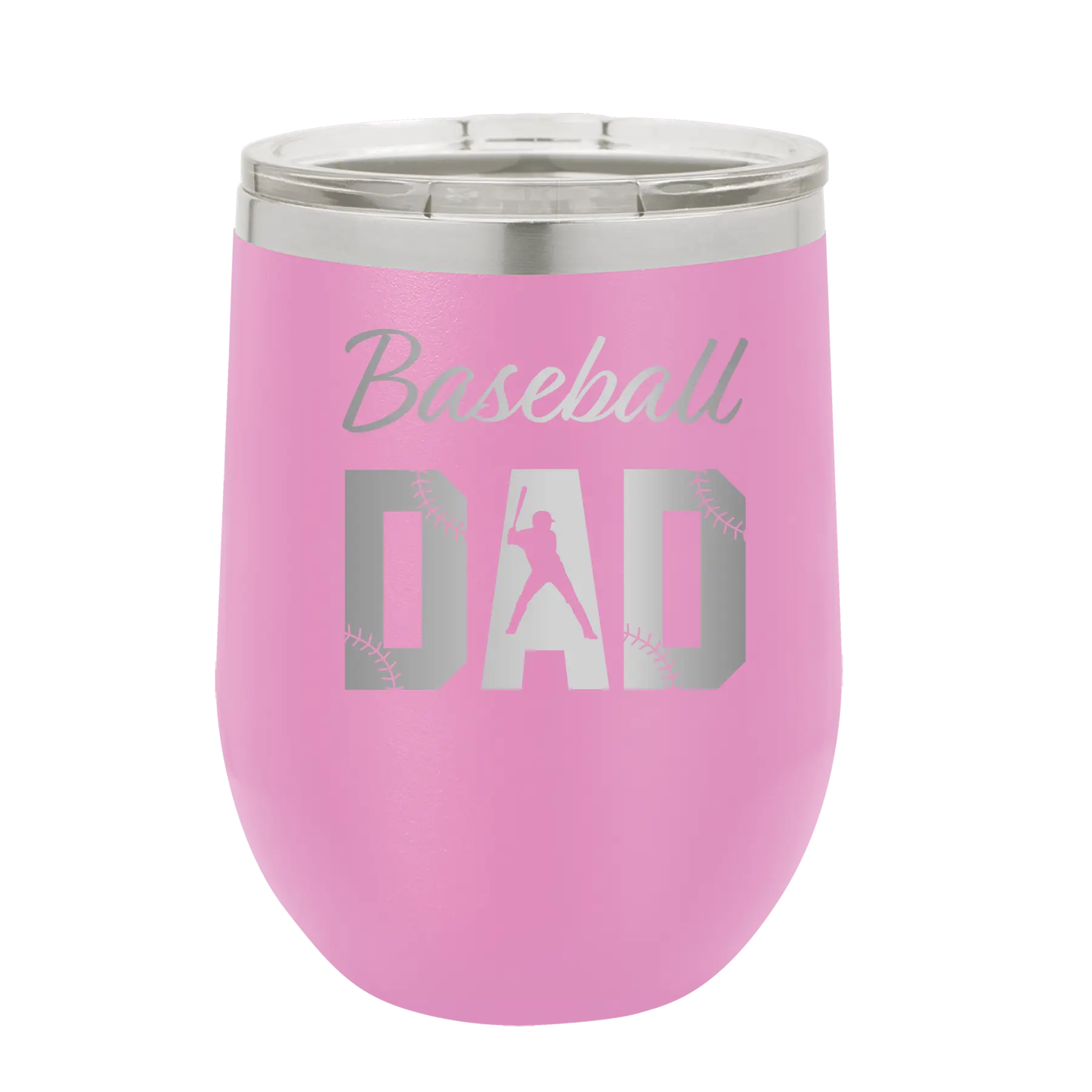 Laser etched light purple 12 oz vacuum insulated wine cup with 'Baseball Dad2' design