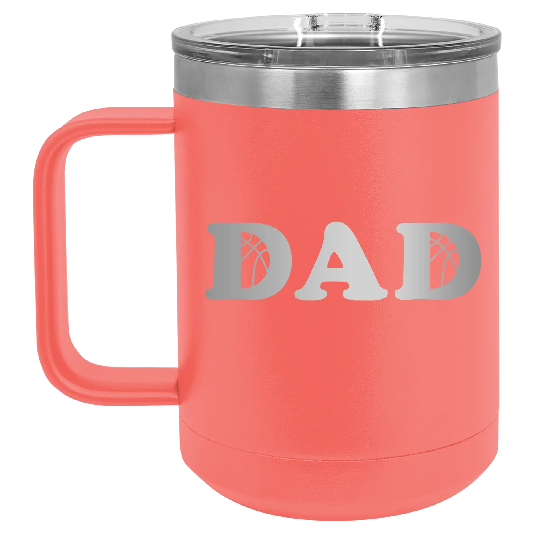 Laser etched coral 15 oz vacuum insulated coffee mug with 'Basketball Dad' design