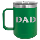 Laser etched green 15 oz vacuum insulated coffee mug with 'Basketball Dad' design