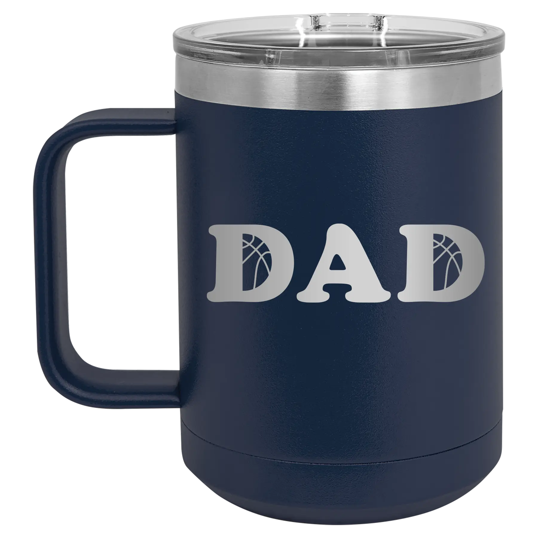 Laser etched navy 15 oz vacuum insulated coffee mug with 'Basketball Dad' design